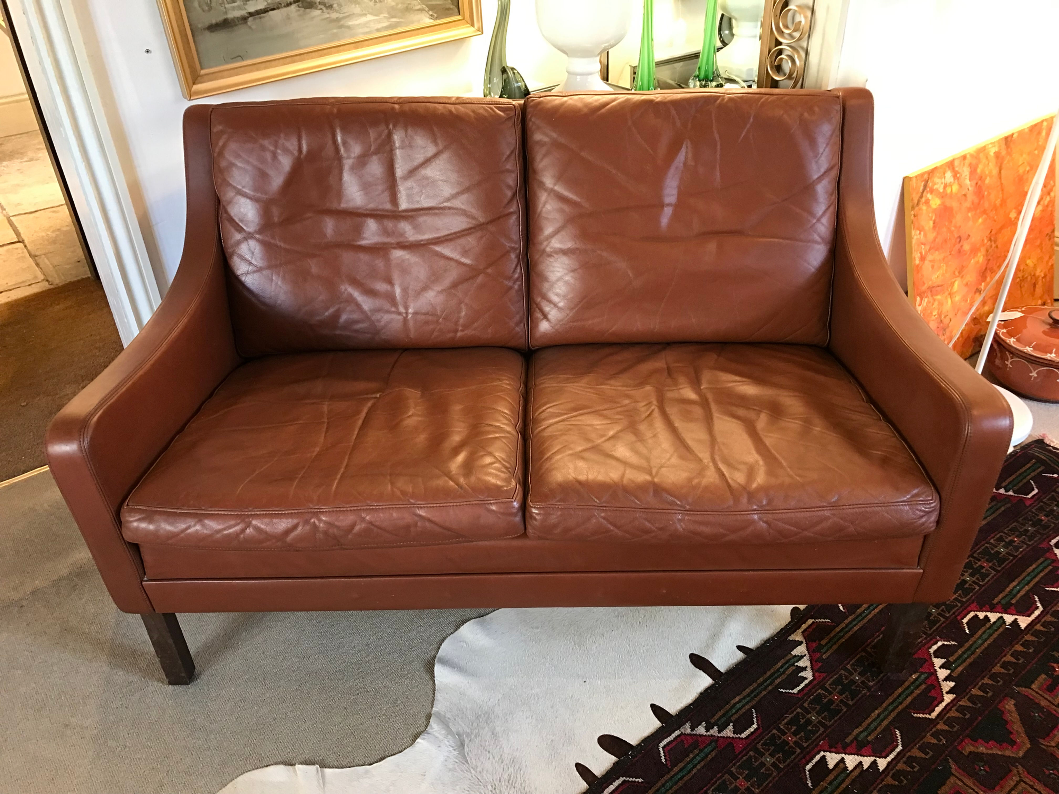 SOLD 1970s Danish Leather Sofa Called Loveseat In The Style Of Mogensen 2 Seater