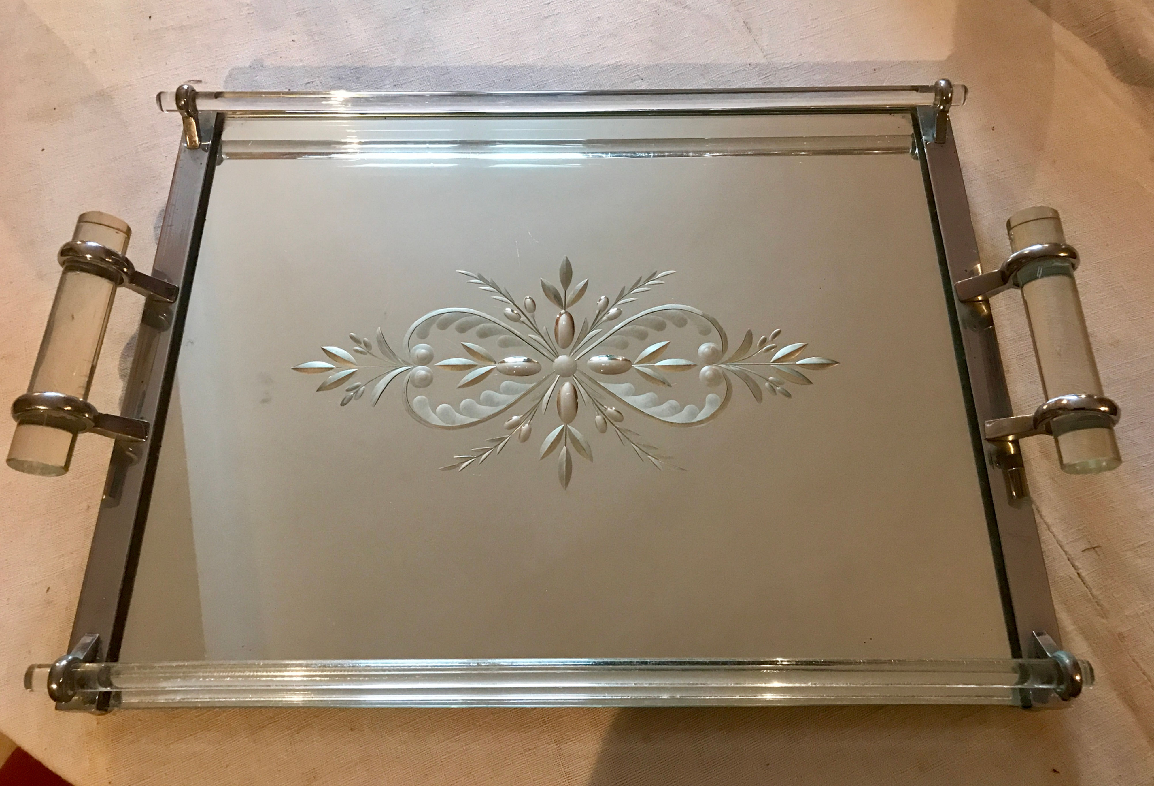 Heavy Mirror Tray with Glass Handles.