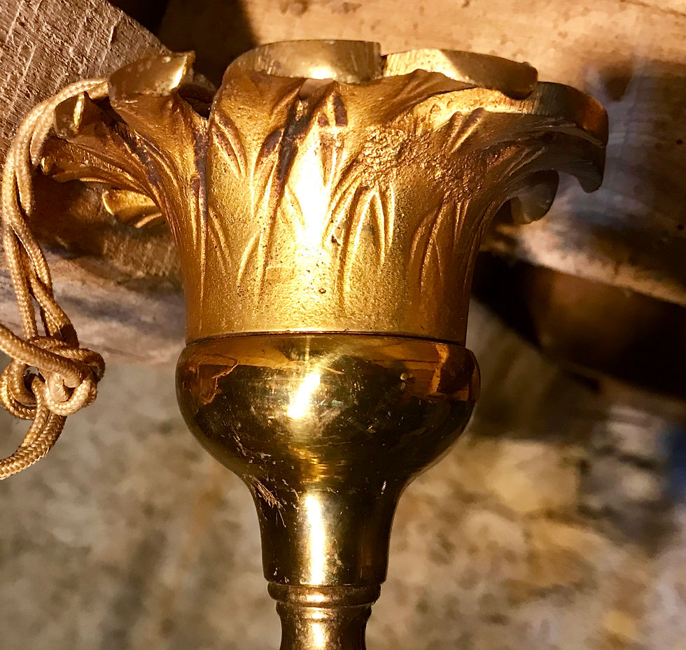 Thumbnail: Six-Branch Gilt Bronze Chandelier with Glazed Pottery Pineapple.