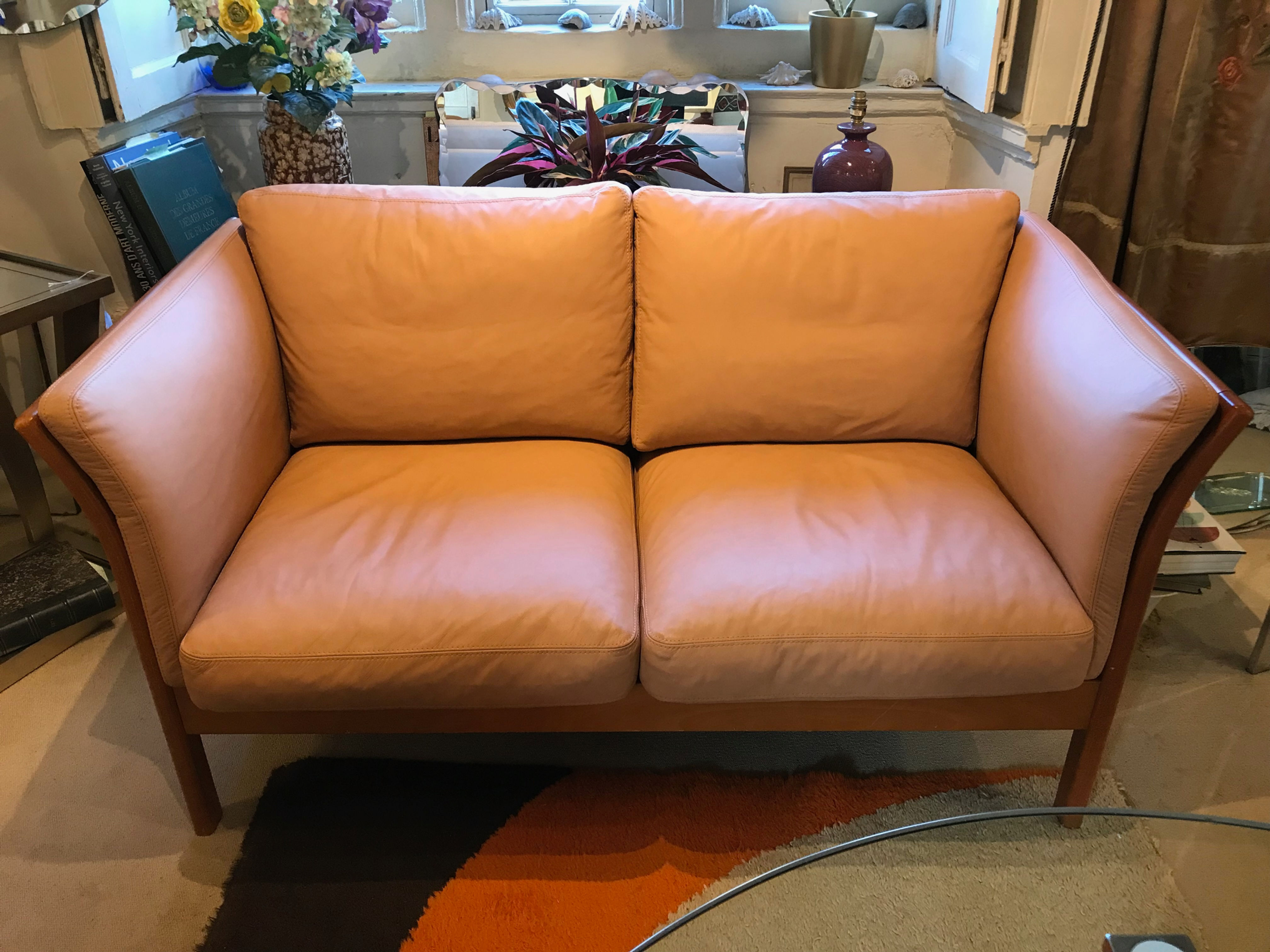 SOLD - 2 Seater Danish Tan Leather & Beech Wood Sofa By Skalma Late 1970's