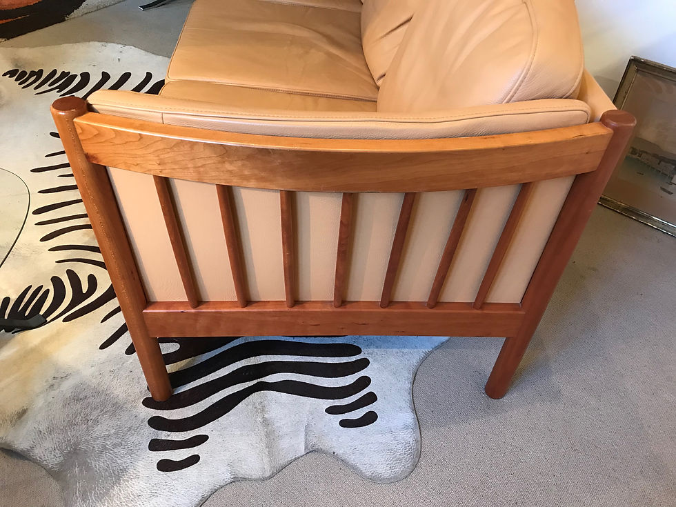 Thumbnail: SOLD - Beautiful Danish Tan Leather & Cherry Wood 3 Seater Sofa 1990