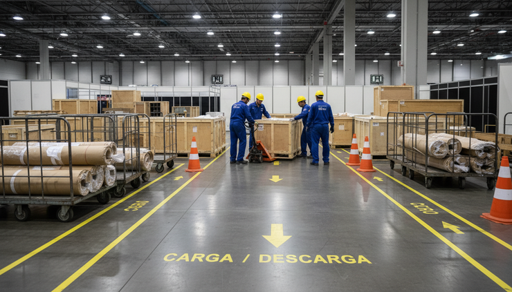 Eye-level view of a marked cargo area inside an empty trade show pavilion