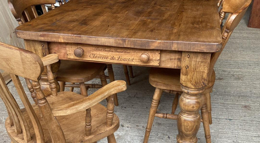 Handmade Reclaimed Pine Farmhouse Dining Table with Wine Box Drawer