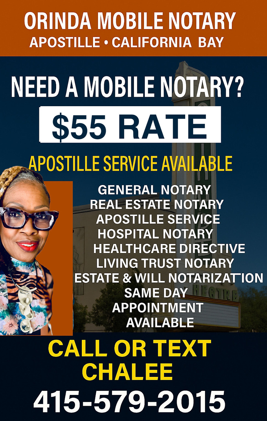 Orinda Mobile Notary – near-me-$55 flat rate, same-day Apostille service available. Mobile notary near Orinda, Lafayette, Moraga, Walnut Creek, Berkeley, and Pleasant Hill. Real estate notary, hospital notary, power of attorney, estate docs, and more.
