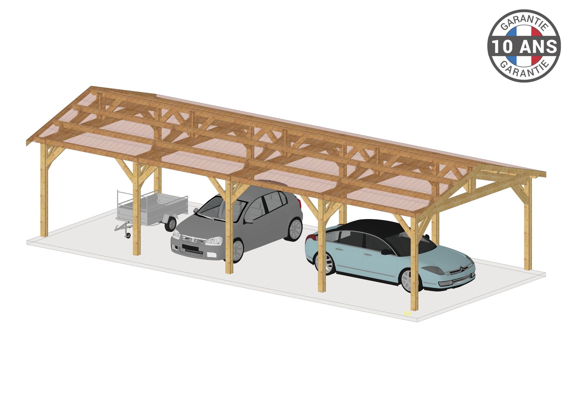 Carport Bois Douglas Français 43 m² – 2 pentes – 8 poteaux – Abri voiture extérieur – Garantie 10 ans