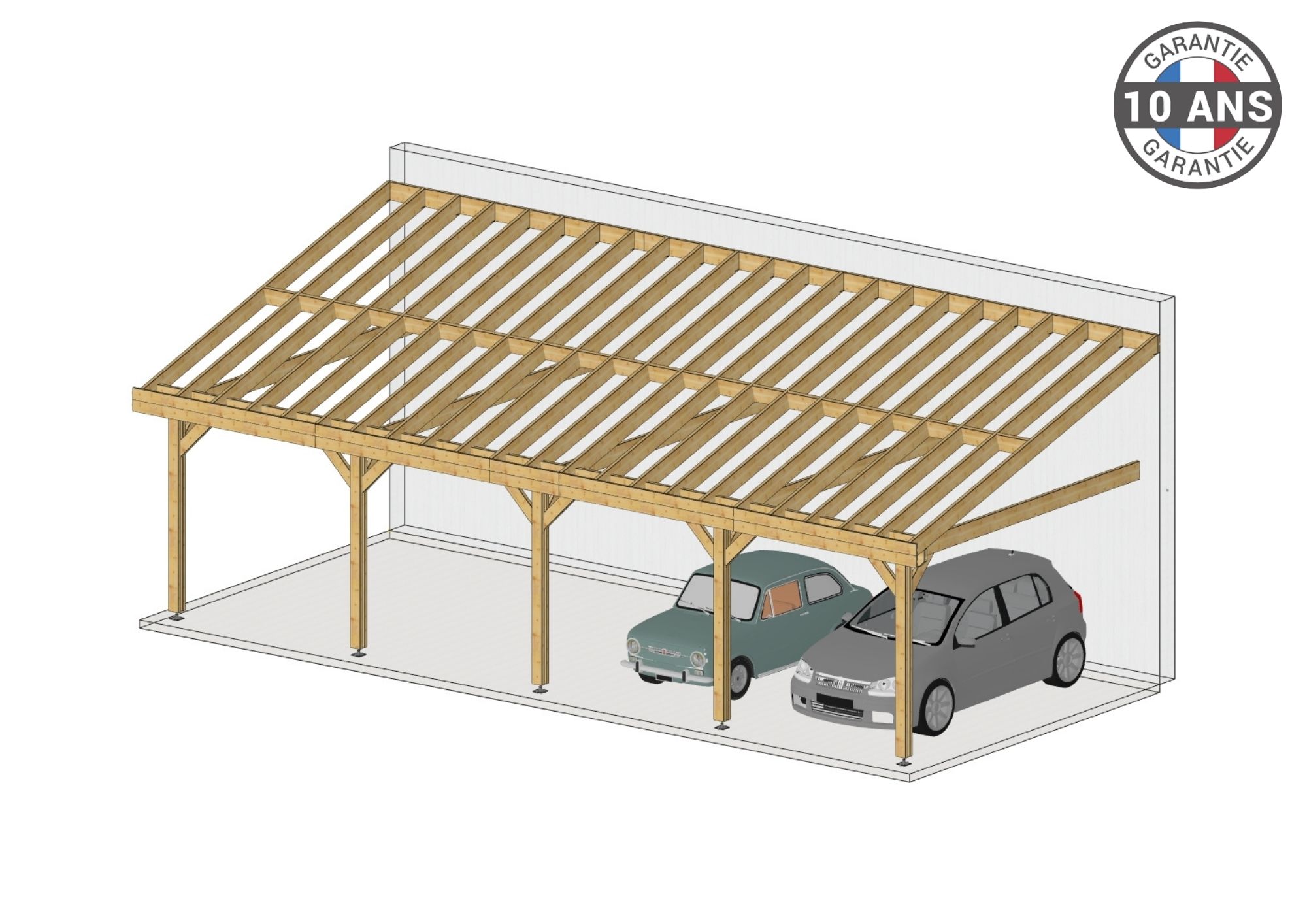 Carport Bois Douglas Français adossé surface 62 m² – 1 pente  – 5 poteaux – Abri voiture extérieur – Garantie 10 ans