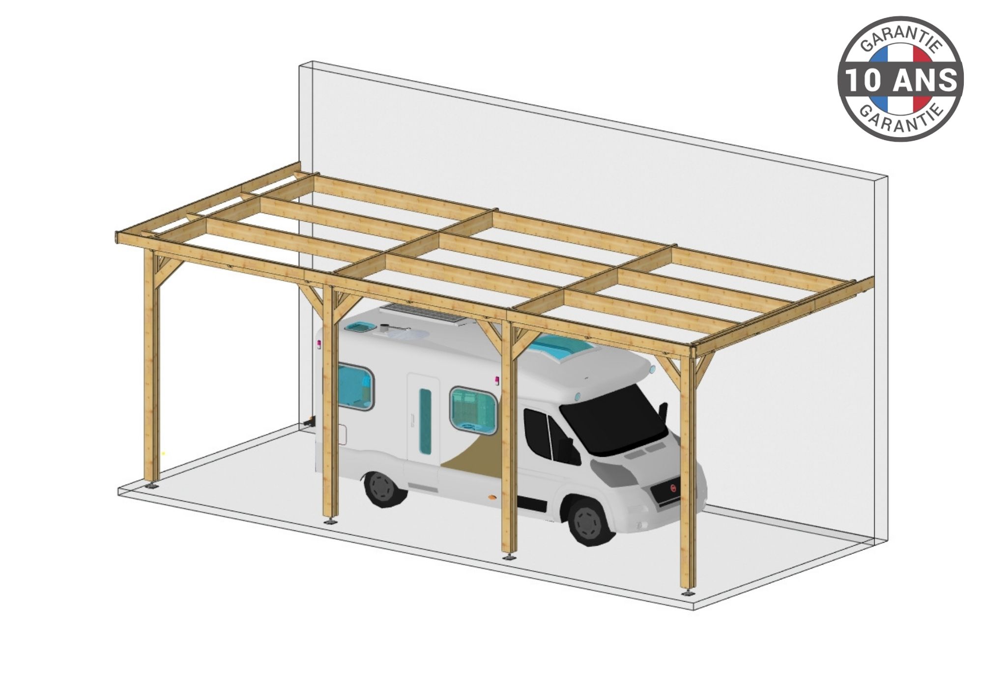 Carport Bois Douglas Français 42 m² – Toit plat adossé – 4 poteaux – Abri camping car extérieur – Garantie 10 ans