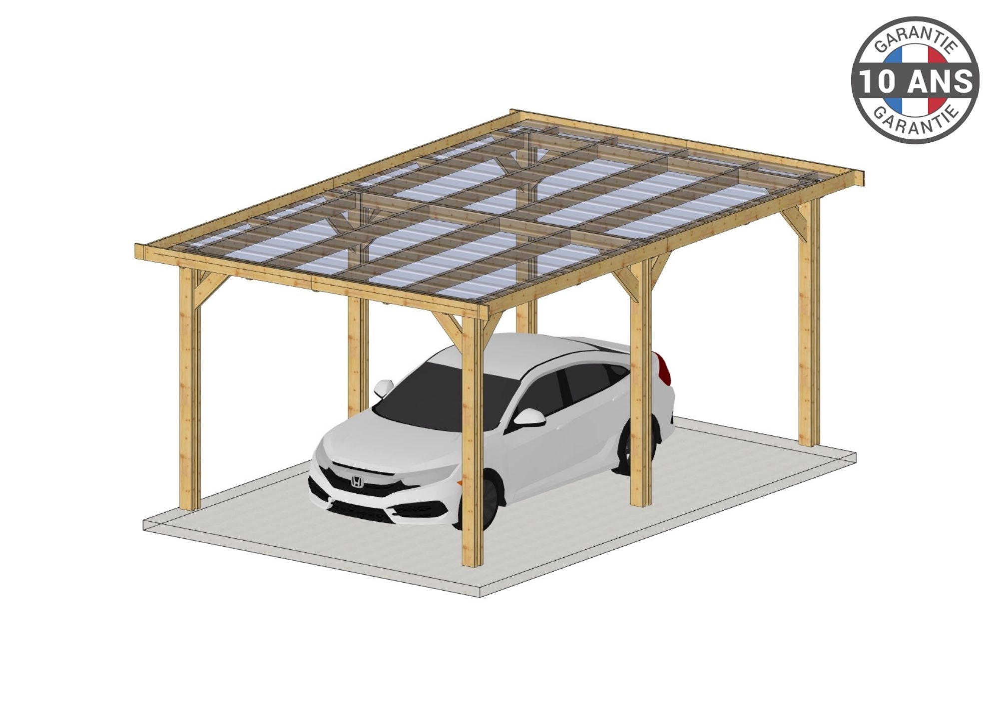 Carport Bois Douglas Français  19 m² – Toit plat – 6 poteaux – Abri voiture extérieur – Garantie 10 ans