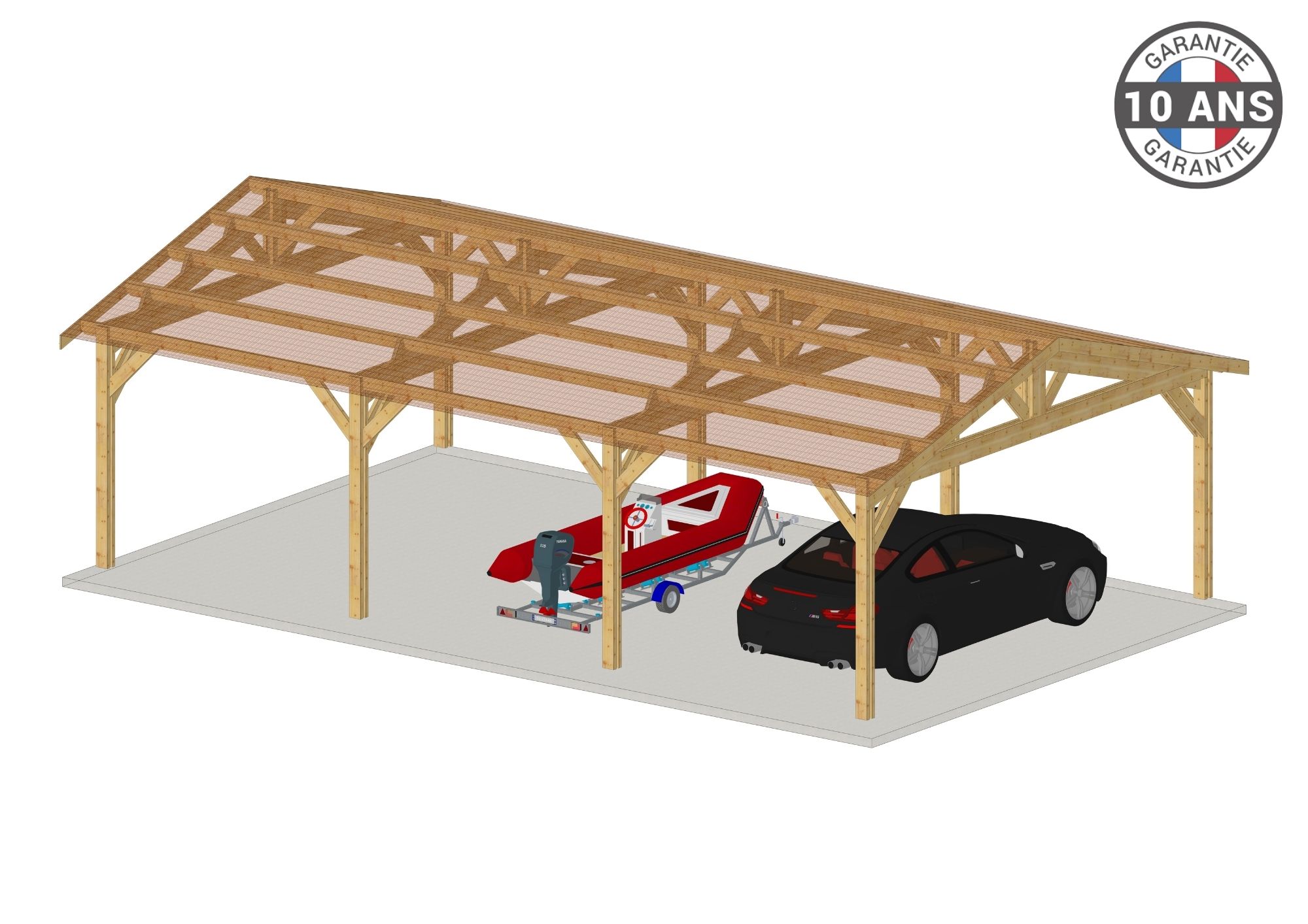 Abri Deux Pentes, Bois DOUGLAS Français (Carport - Auvent - Abri voiture) 750cmx1050cm.