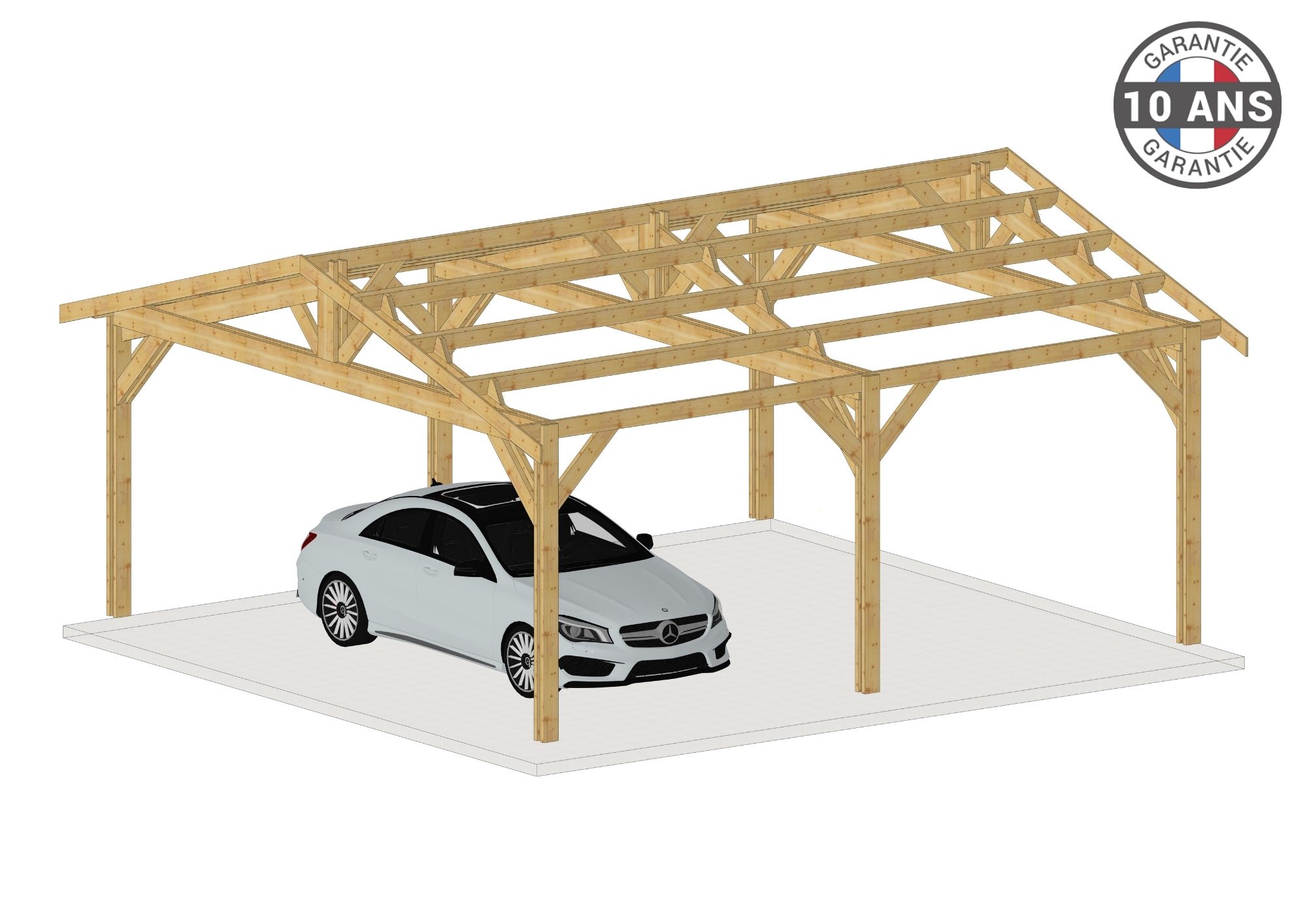 Carport Bois Douglas Français 42 m² – 2 pentes – 6 poteaux – Abri voiture extérieur – Garantie 10 ans
