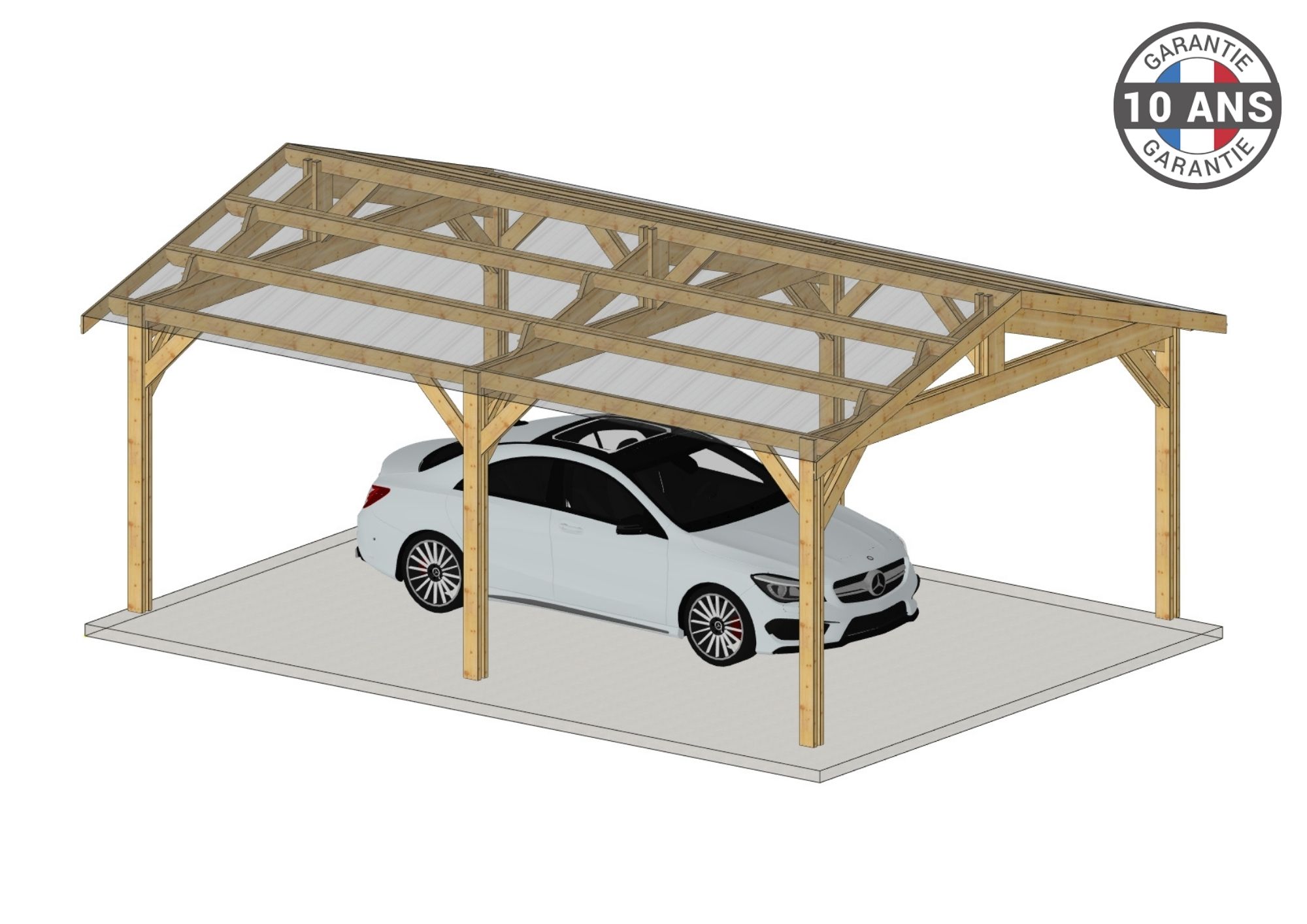 Carport Bois Douglas Français 29 m² – 2 pentes – 6 poteaux – Abri voiture extérieur – Garantie 10 ans
