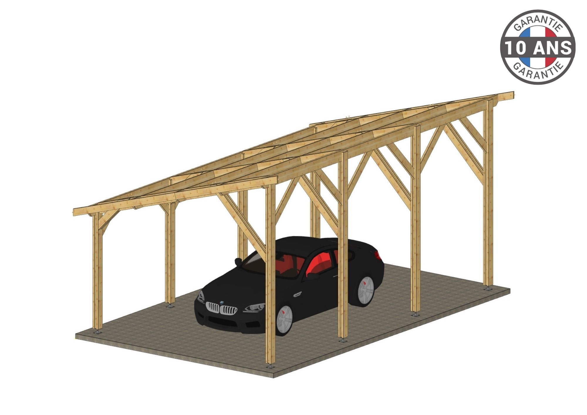 Carport Bois Douglas Français 37 m² – 1 pente – 8 poteaux – Abri voiture extérieur – Garantie 10 ans