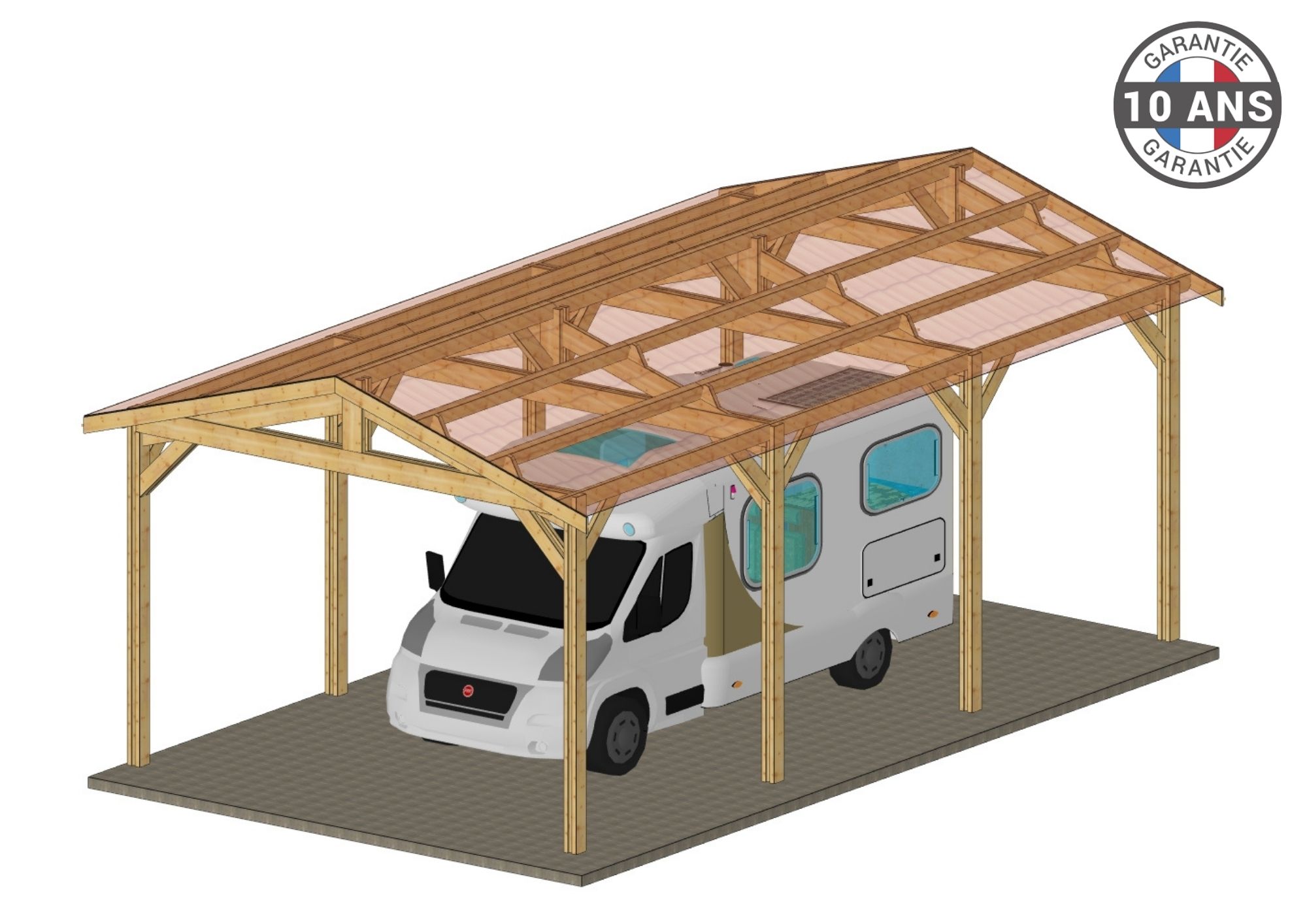 Carport Bois Douglas Français 26 m² – 2 pentes – 6 poteaux – Abri camping car extérieur – Garantie 10 ans