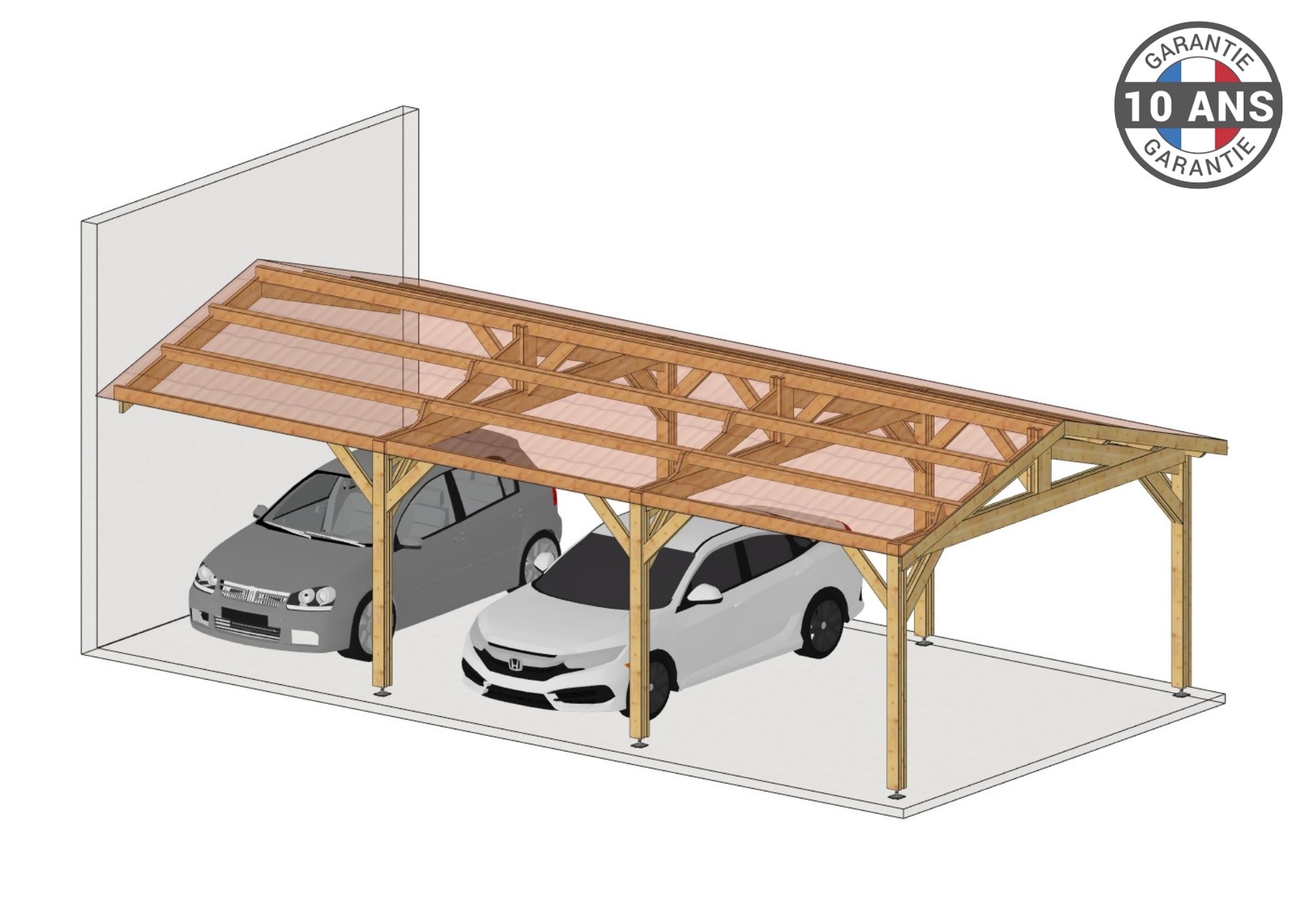 Carport Bois Douglas Français 24 m² – 2 pentes adossé – 6 poteaux – Abri voiture extérieur – Garantie 10 ans