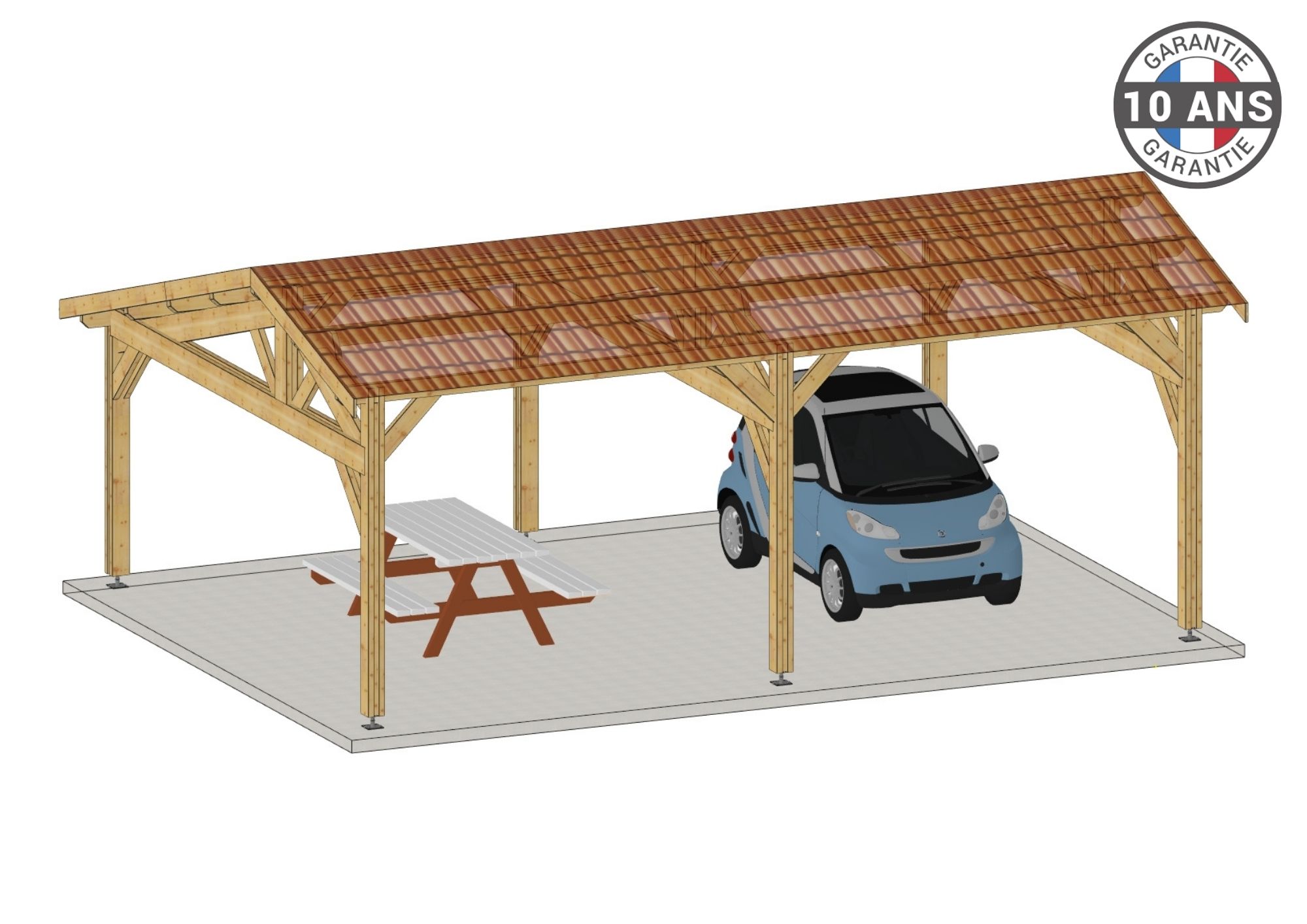 Carport Bois Douglas Français 27 m² – 2 pentes faitage décalé – 6 poteaux – Abri voiture extérieur – Garantie 10 ans