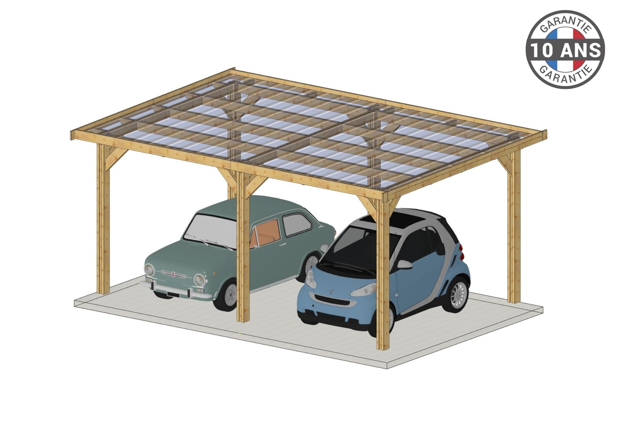 Carport Bois Douglas Français 13 m² – Toit plat – 6 poteaux – Abri voiture extérieur – Garantie 10 ans