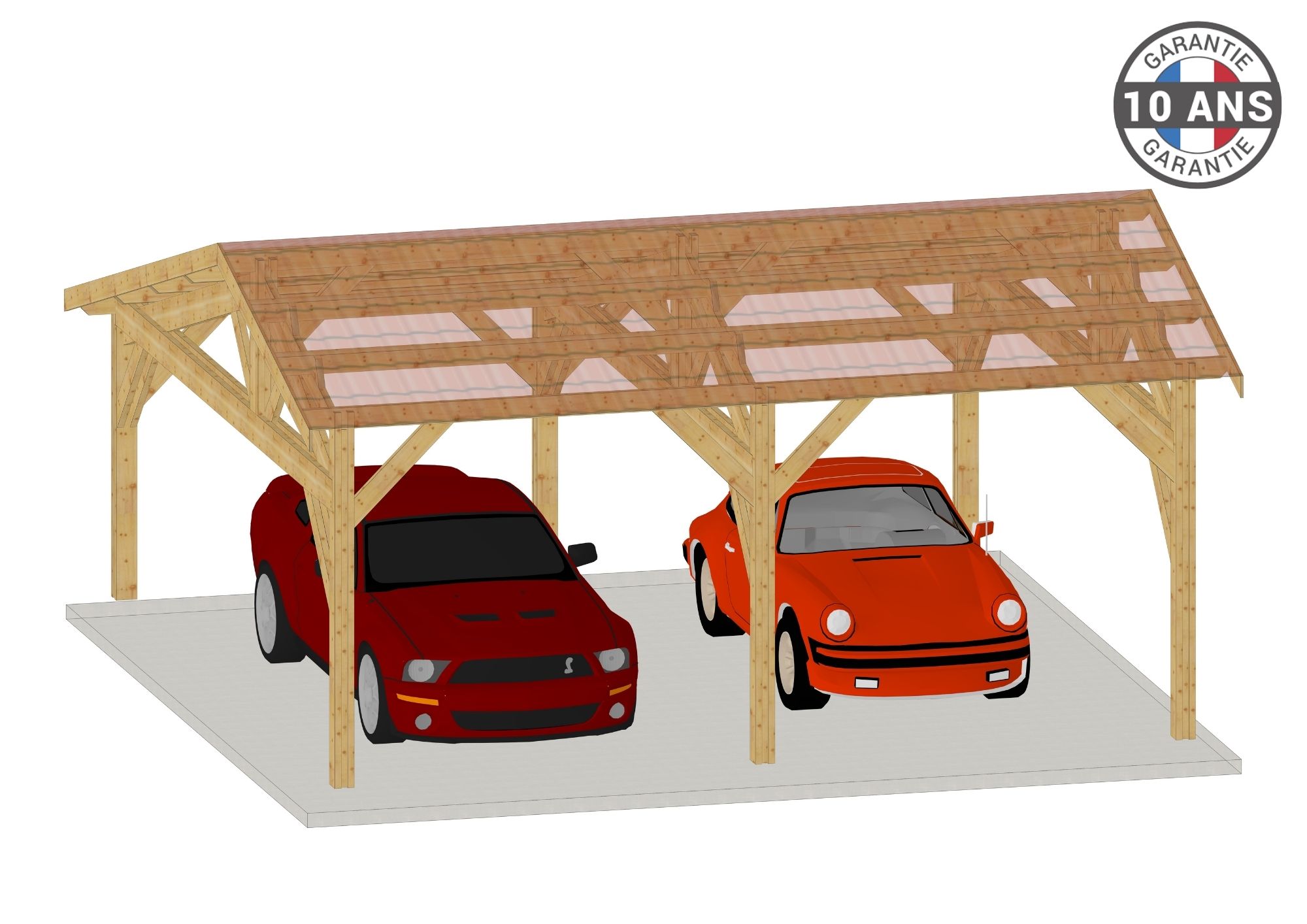 Carport Bois Douglas Français 30 m² – 2 pentes faitage décalé – 6 poteaux – Abri voiture extérieur – Garantie 10 ans