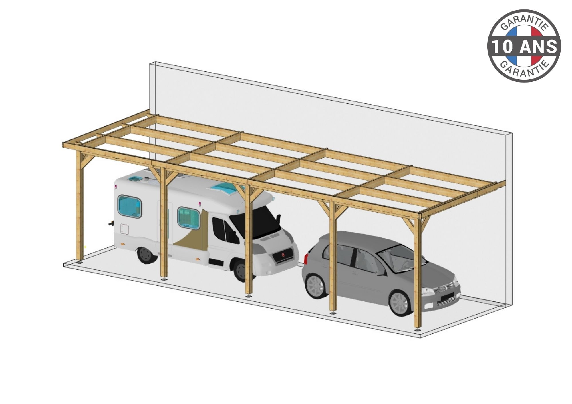 Carport Bois Douglas Français 46 m² – Toit plat adossé – 5 poteaux – Abri camping car extérieur – Garantie 10 ans
