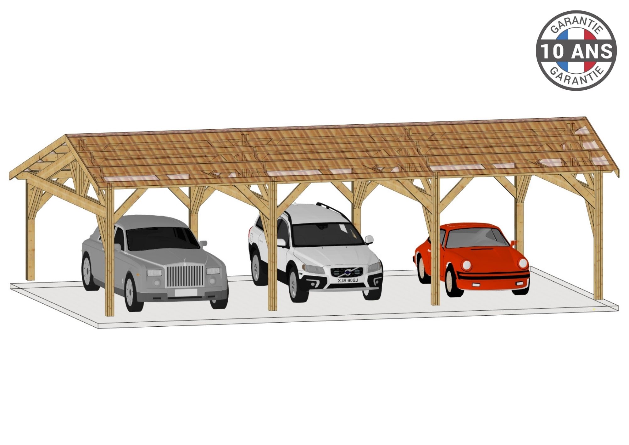 Carport Bois Douglas Français 68 m² – 2 pentes faitage décalé – 10 poteaux – Abri voiture extérieur – Garantie 10 ans