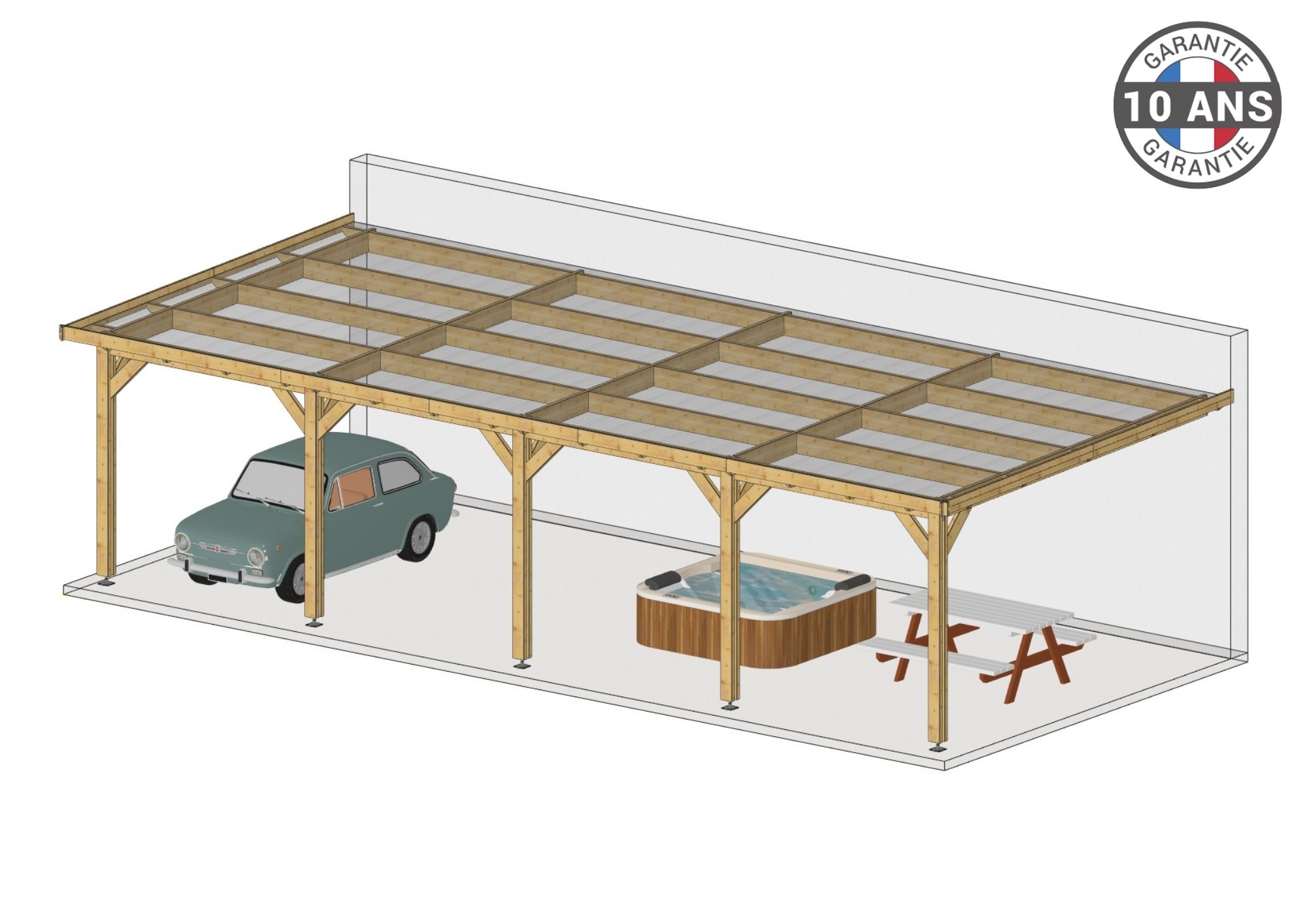 Carport Bois Douglas Français adossé 40 m² – toit plat – 5 poteaux – Abri voiture extérieur – Garantie 10 ans