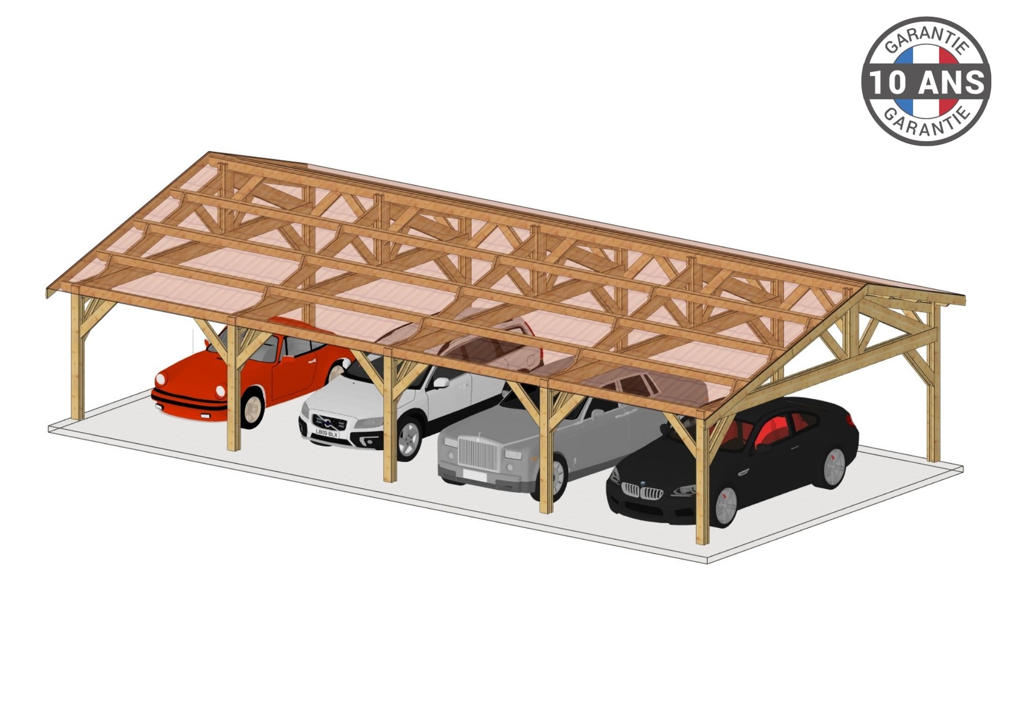 Carport Bois Douglas Français 69 m² – 2 pentes faitage décalé – 10 poteaux – Abri voiture extérieur – Garantie 10 ans