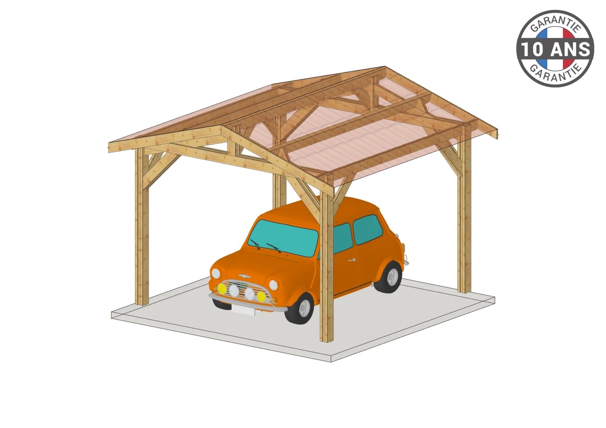 Carport SUR MESURE 2 pentes 400 cm x 4 poteaux, bois DOUGLAS Français (Charpente en bois-auvent-abri voiture). Garantie 10 ans