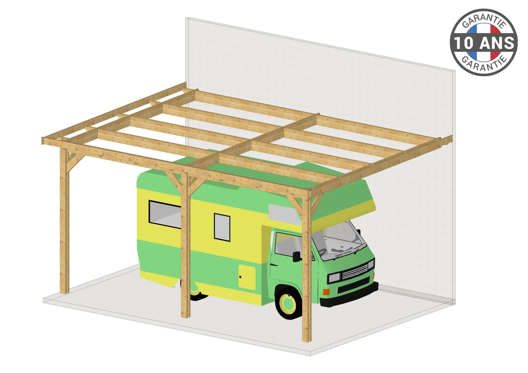 Carport Bois Douglas Français 30 m² – Toit plat adossé – 3 poteaux – Abri camping car extérieur – Garantie 10 ans