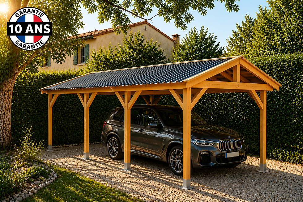 Ce carport en bois Douglas origine FRANCE est conçu pour protéger efficacement un véhicule contre la pluie, le soleil et les salissures. Sa structure deux pentes favorise l’écoulement des eaux, tandis que son format de 28 m² offre un espace pour 2 voitures ou abri terrasse. Fabriqué en France, il combine robustesse, durabilité et esthétique naturelle du bois Douglas, parfaitement adapté à un usage extérieur. Caractéristiques techniques :Type : carport extérieur autoportant. Surface : 28 m². Dimensions : largeur 350 cm x profondeur 800 cm. Hauteur de passage : 2,10 m. Largeur utile de passage : 292 cm. Nombre de poteaux : 8. Section des poteaux : 14 x 14 cm. Options proposées : 8 pieds de poteaux acier fixes ou réglables. Structure : charpente bois deux pentes. Essence de bois : Douglas. Fabrication : France. Poids : environ 400 kg. Garantie : 10 ans. Livré en kit à assembler. Livraison par camion poids lourd 38 tonnes (accessibilité à vérifier). Déchargement par les soins du client. Montage possible en autonomie ou par un professionnel. Photos non contractuelles.