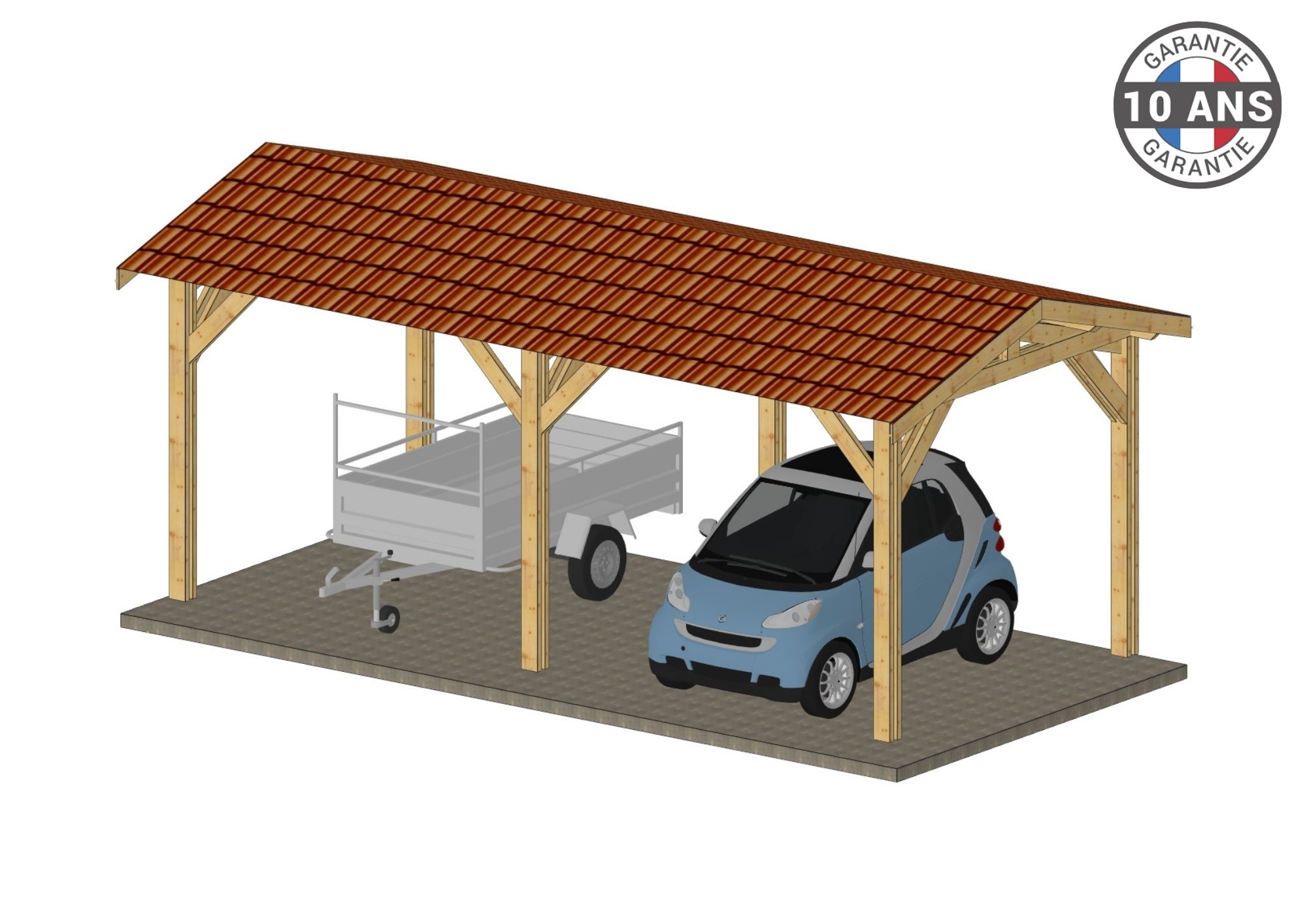 Carport Bois Douglas Français 22 m² – 2 pentes – 6 poteaux – Abri voiture extérieur – Garantie 10 ans
