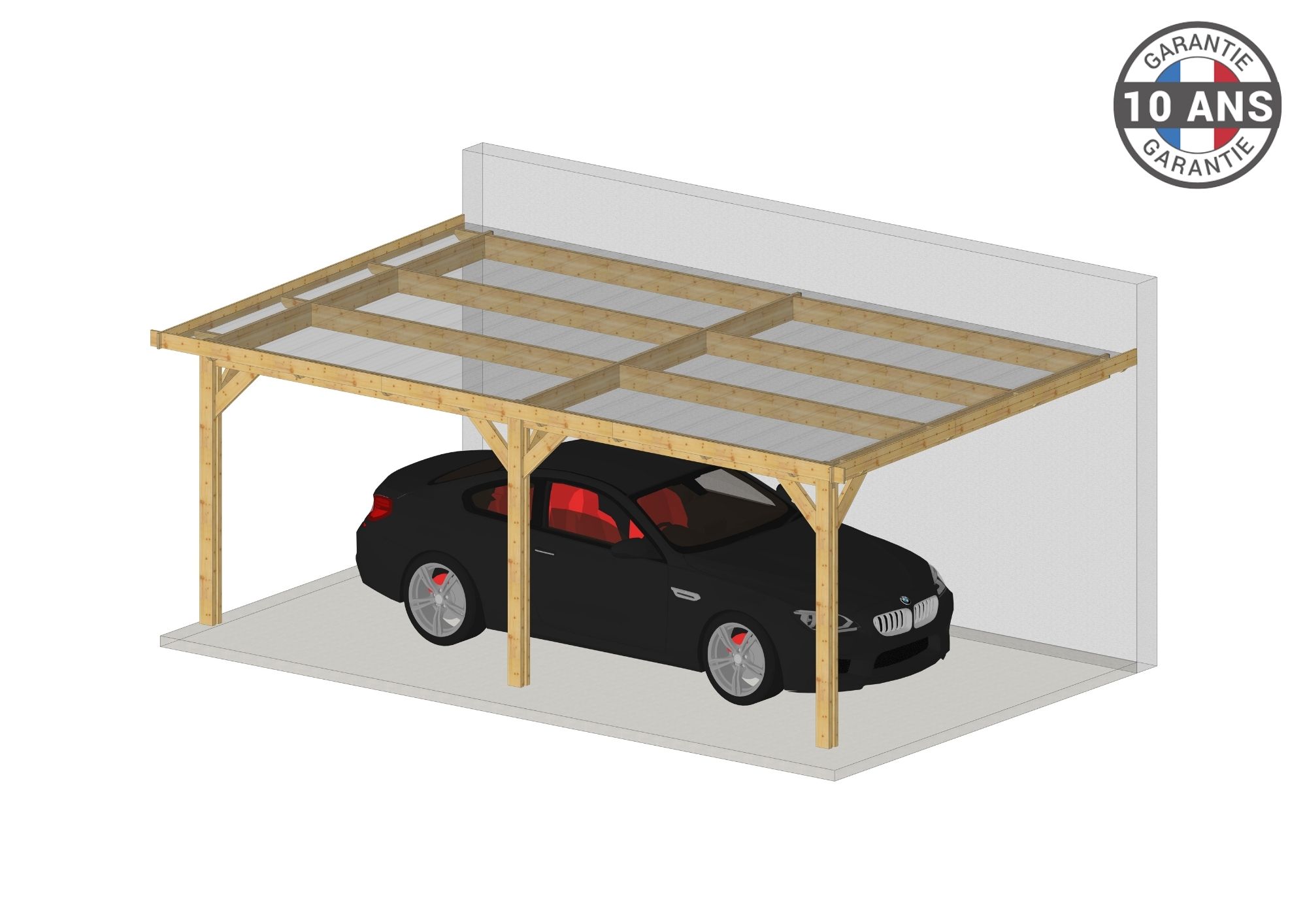 Carport Bois Douglas Français 27 m² – Toit plat adossé – 3 poteaux – Abri voiture extérieur – Garantie 10 ans