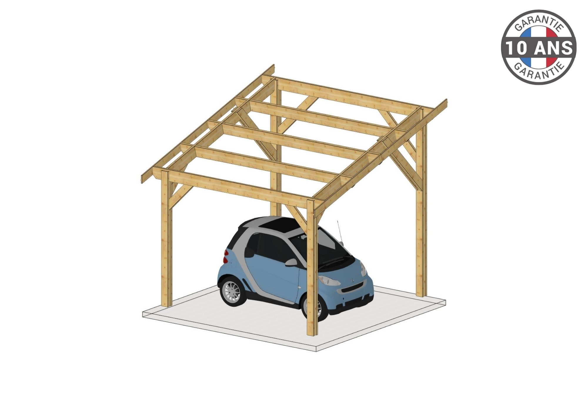 Carport Bois Douglas Français 14 m² – 1 pente – 4 poteaux – Abri voiture extérieur – Garantie 10 ans