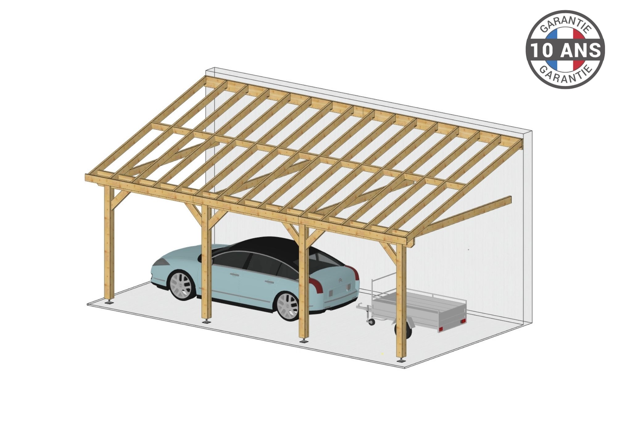 Carport Bois Douglas Français adossé surface 47 m² – 1 pente  – 4 poteaux – Abri voiture extérieur – Garantie 10 ans