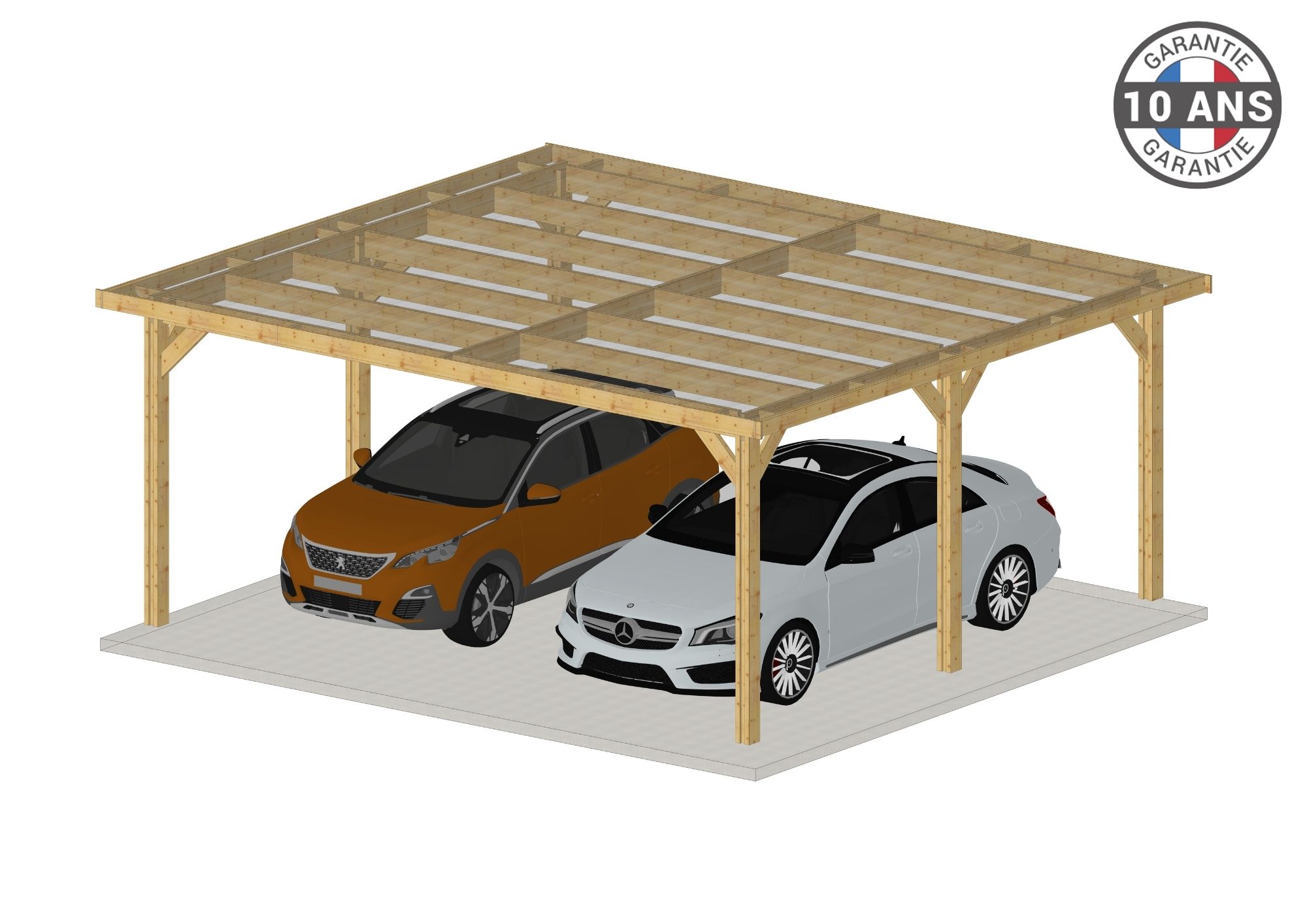 Carport Bois Douglas Français 33 m² – Toit plat – 6 poteaux – Abri voiture extérieur – Garantie 10 ans