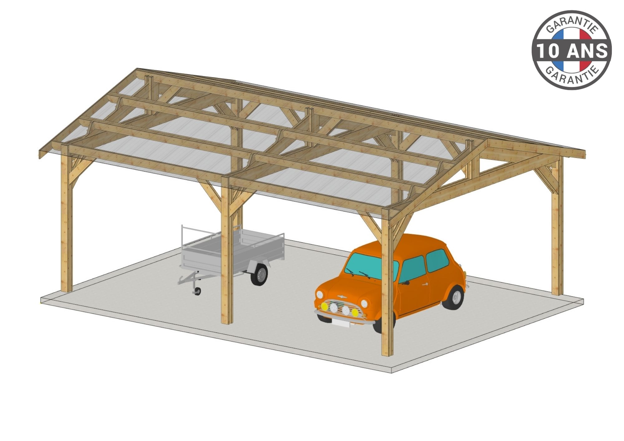 Carport Bois Douglas Français 22 m² – 2 pentes – 6 poteaux – Abri voiture extérieur – Garantie 10 ans