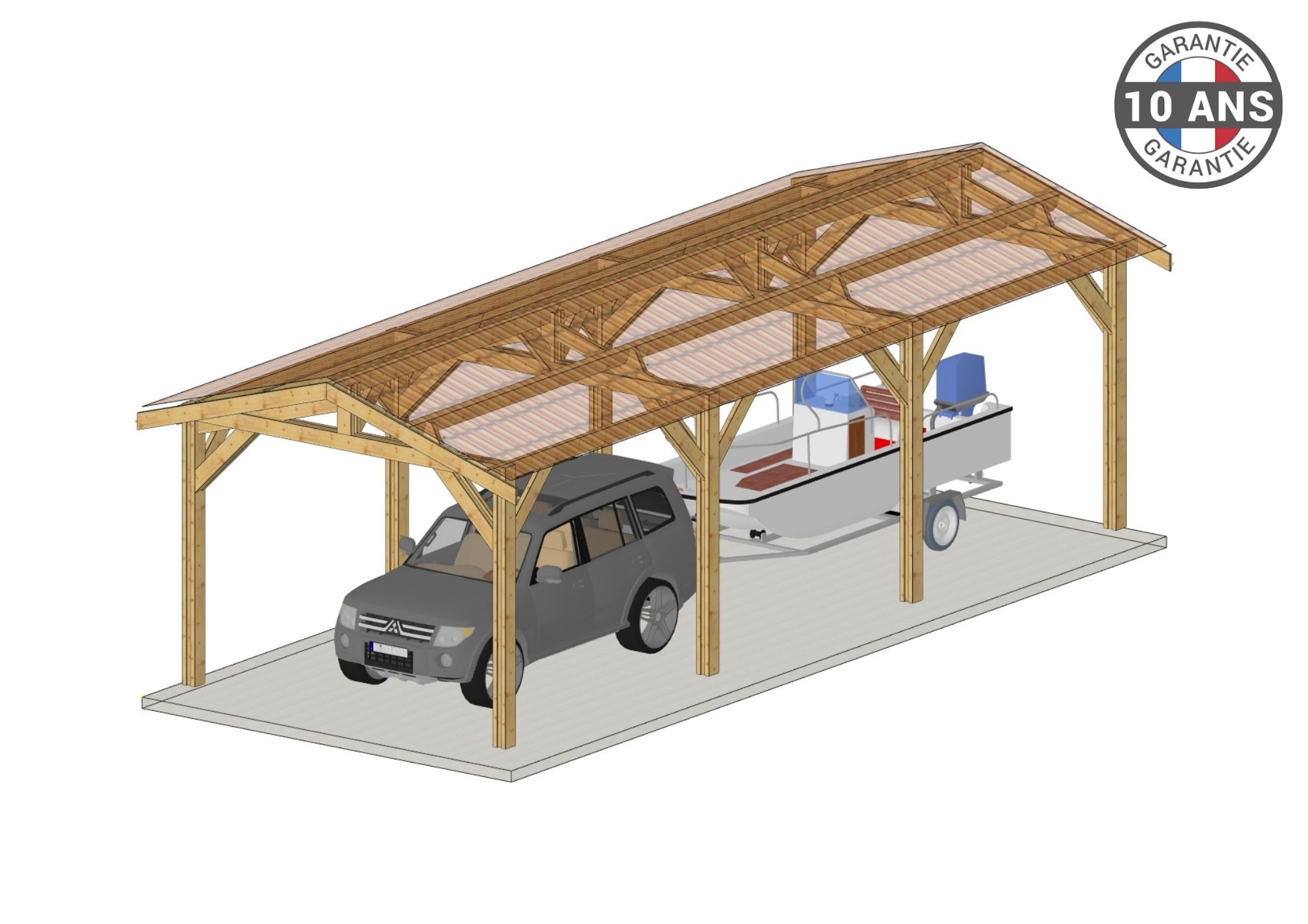 Carport Bois Douglas Français 24 m² – 2 pentes – 8 poteaux – Abri voiture extérieur – Garantie 10 ans
