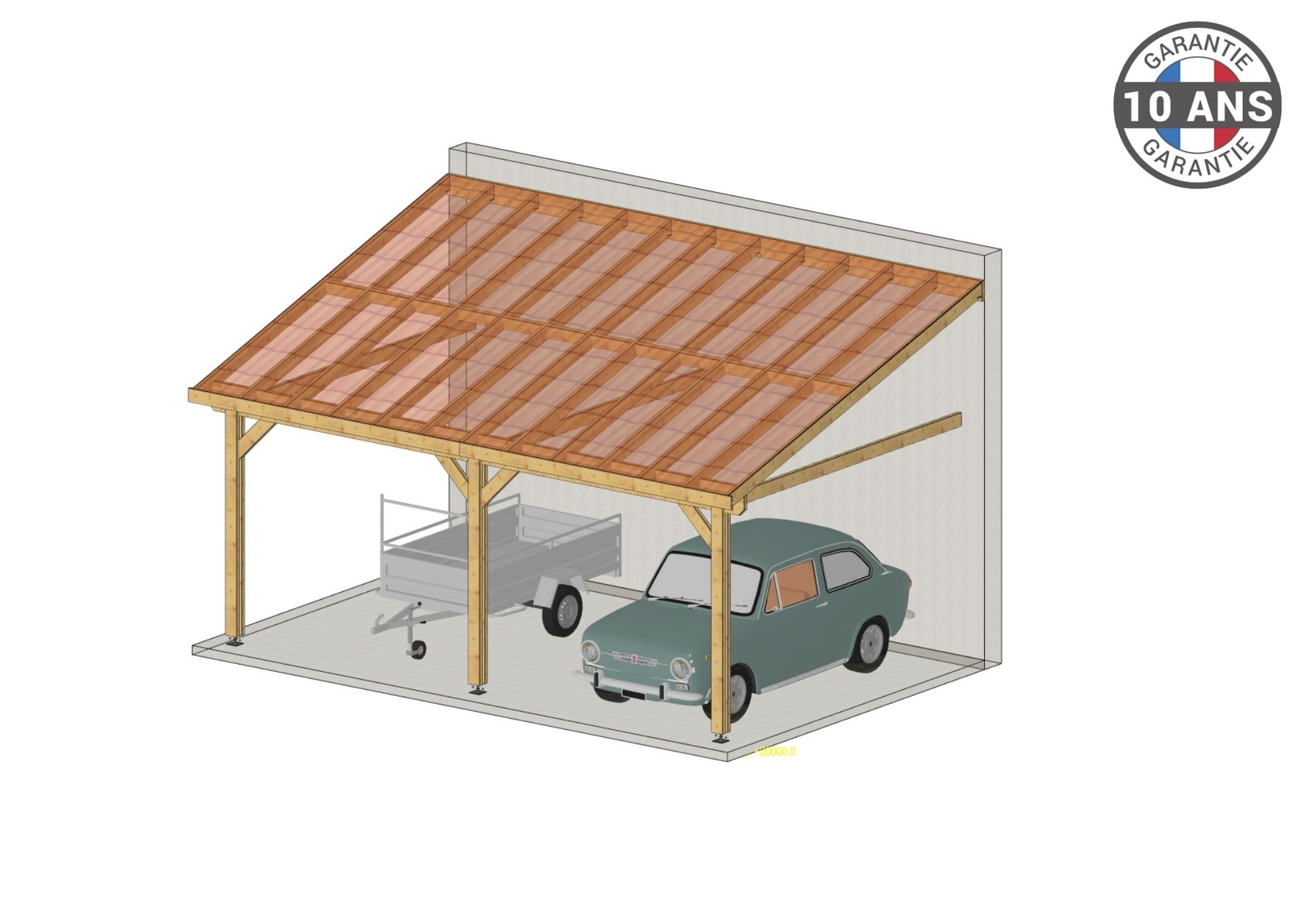 Carport Bois Douglas Français adossé surface 27 m² – 1 pente  – 3 poteaux – Abri voiture extérieur – Garantie 10 ans