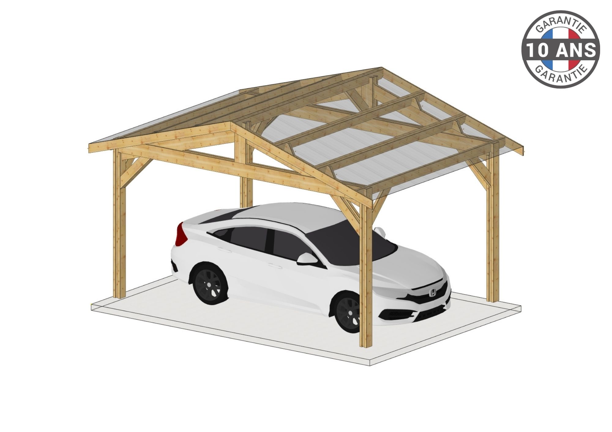 Carport Bois Douglas Français 30 m² – 2 pentes – 4 poteaux – Abri voiture extérieur – Garantie 10 ans