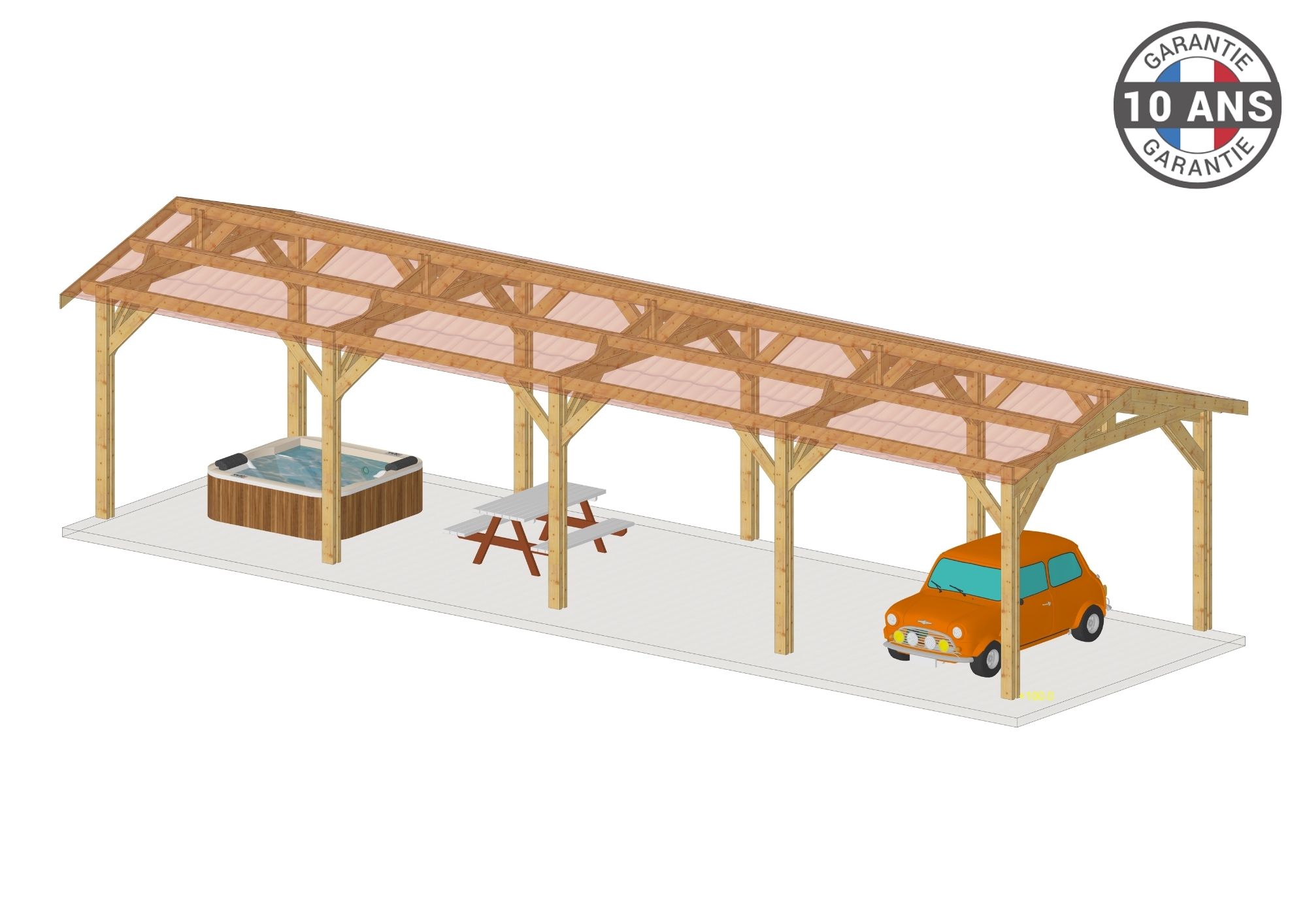 Carport SUR MESURE 2 pentes 300 cm x 10 poteaux, bois DOUGLAS Français (Charpente en bois-auvent-abri voiture). Garantie 10 ans