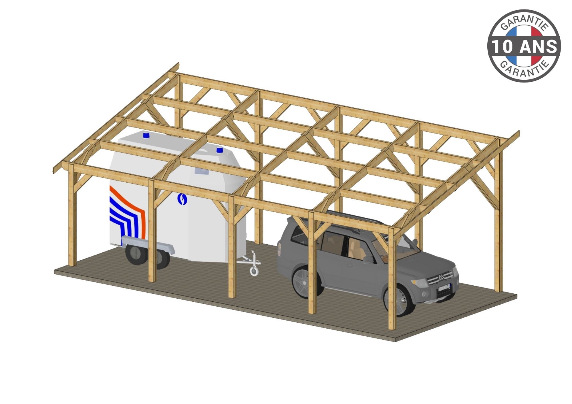 Carport Bois Douglas Français 57 m² – 1 pente – 10 poteaux – Abri voiture extérieur – Garantie 10 ans