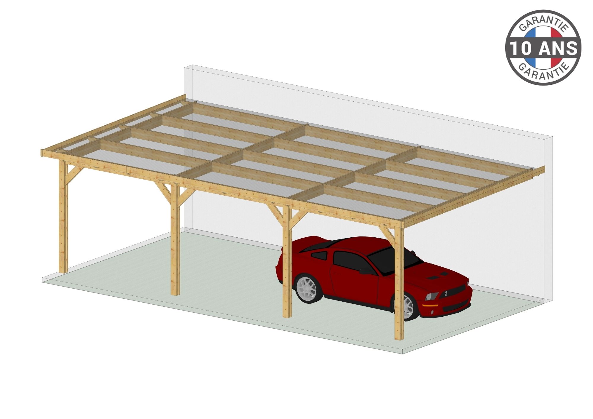 Carport Bois Douglas Français adossé 42 m² – toit plat – 4 poteaux – Abri voiture extérieur – Garantie 10 ans
