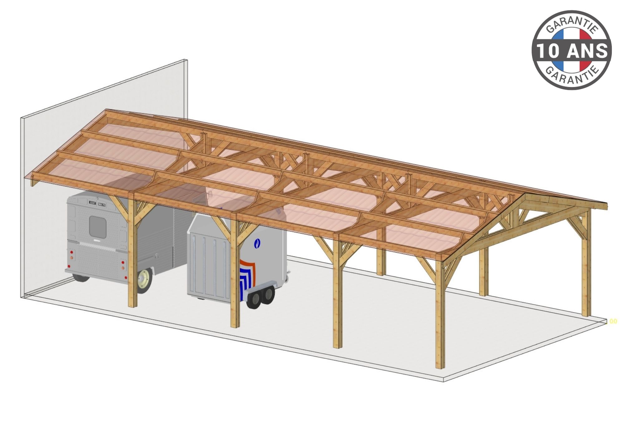Carport Bois Douglas Français 75 m² – 2 pentes adossé – 8 poteaux – Abri voiture extérieur – Garantie 10 ans