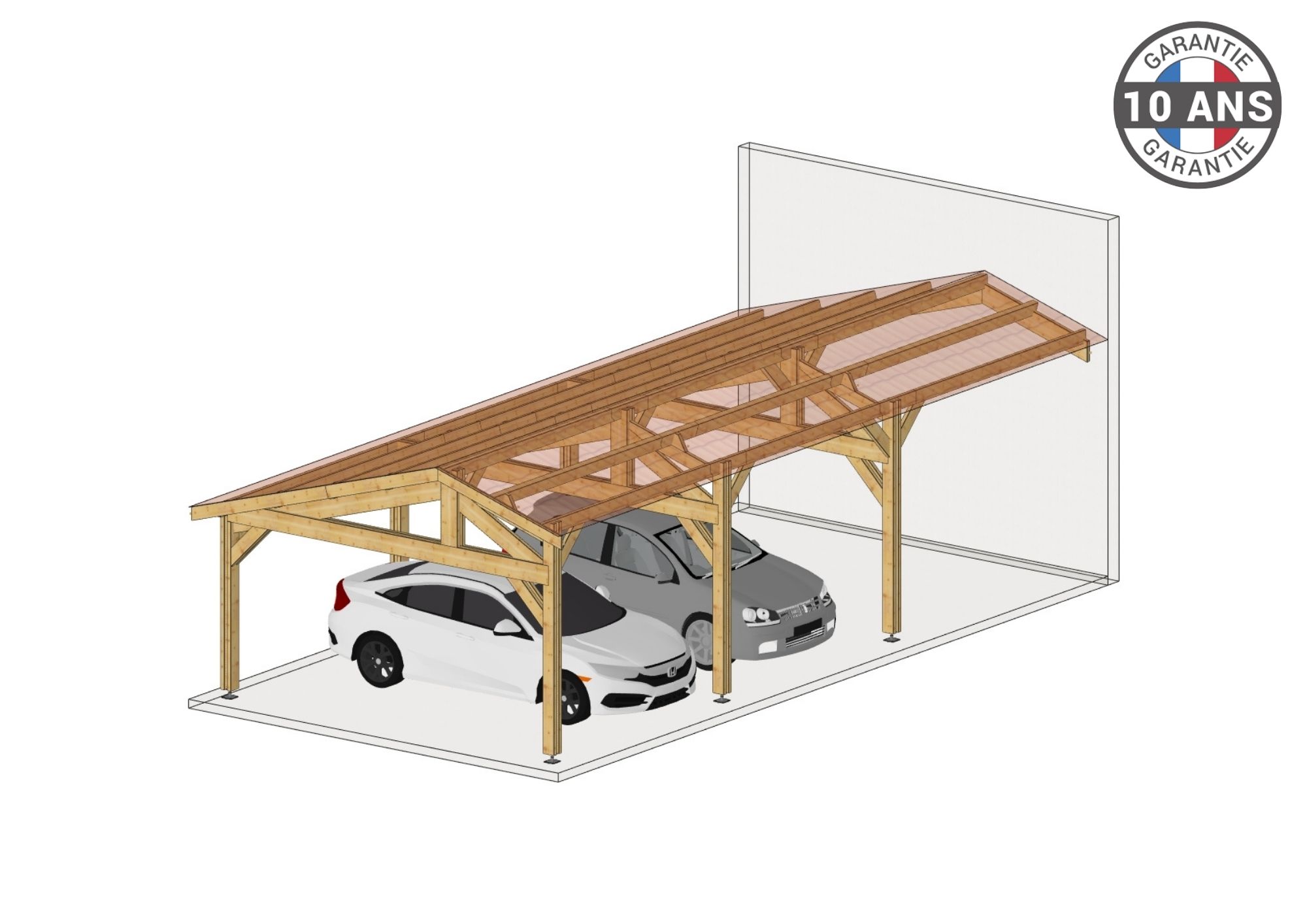 Carport Bois Douglas Français  69 m² – 2 pentes faitage décalé adossé – 8 poteaux – Abri voiture extérieur – Garantie 10 ans