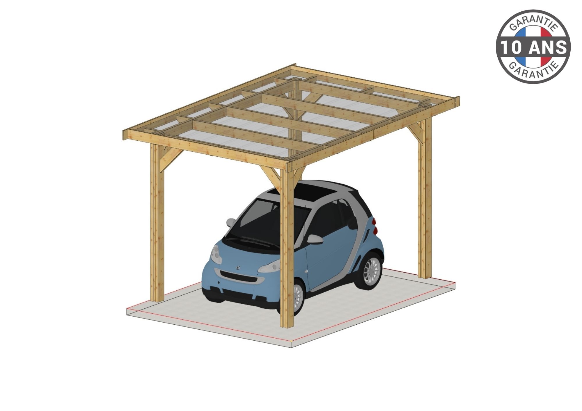 Carport Bois Douglas Français  18 m² – Toit plat – 4 poteaux – Abri voiture extérieur – Garantie 10 ans