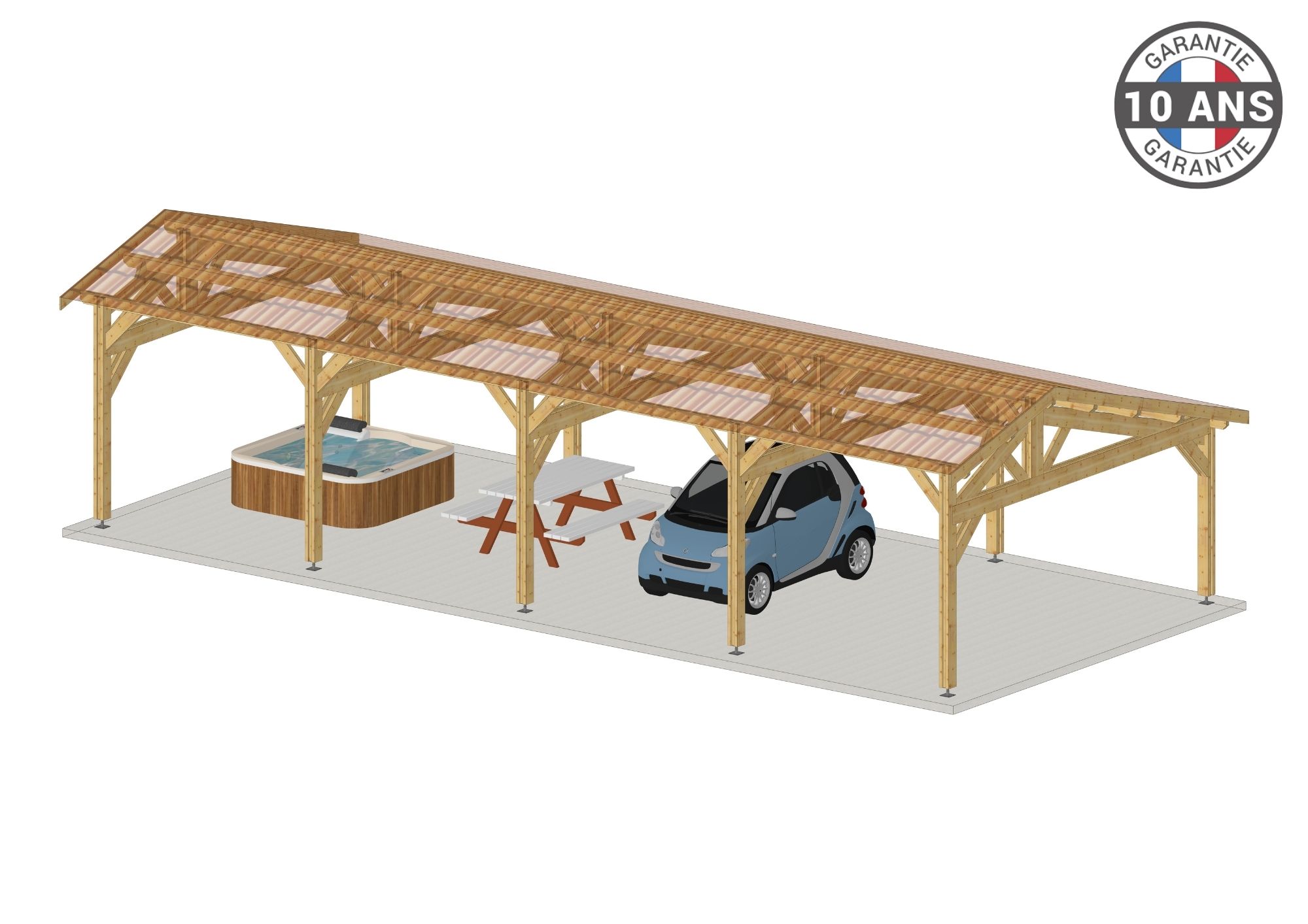 Carport Bois Douglas Français 58 m² – 2 pentes faitage décalé – 10 poteaux – Abri voiture extérieur – Garantie 10 ans
