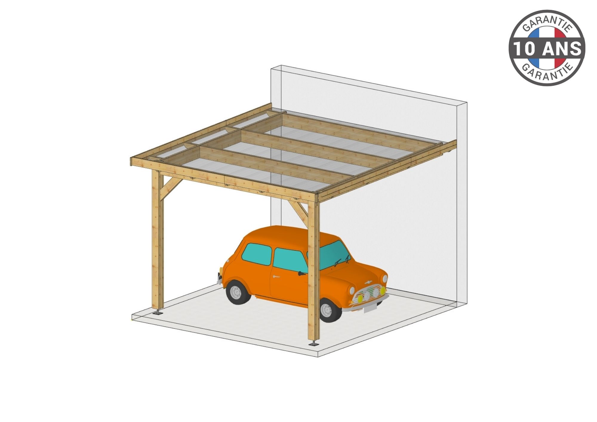 Carport Bois Douglas Français  16 m² – Toit plat adossé – 2 poteaux – Abri voiture extérieur – Garantie 10 ans