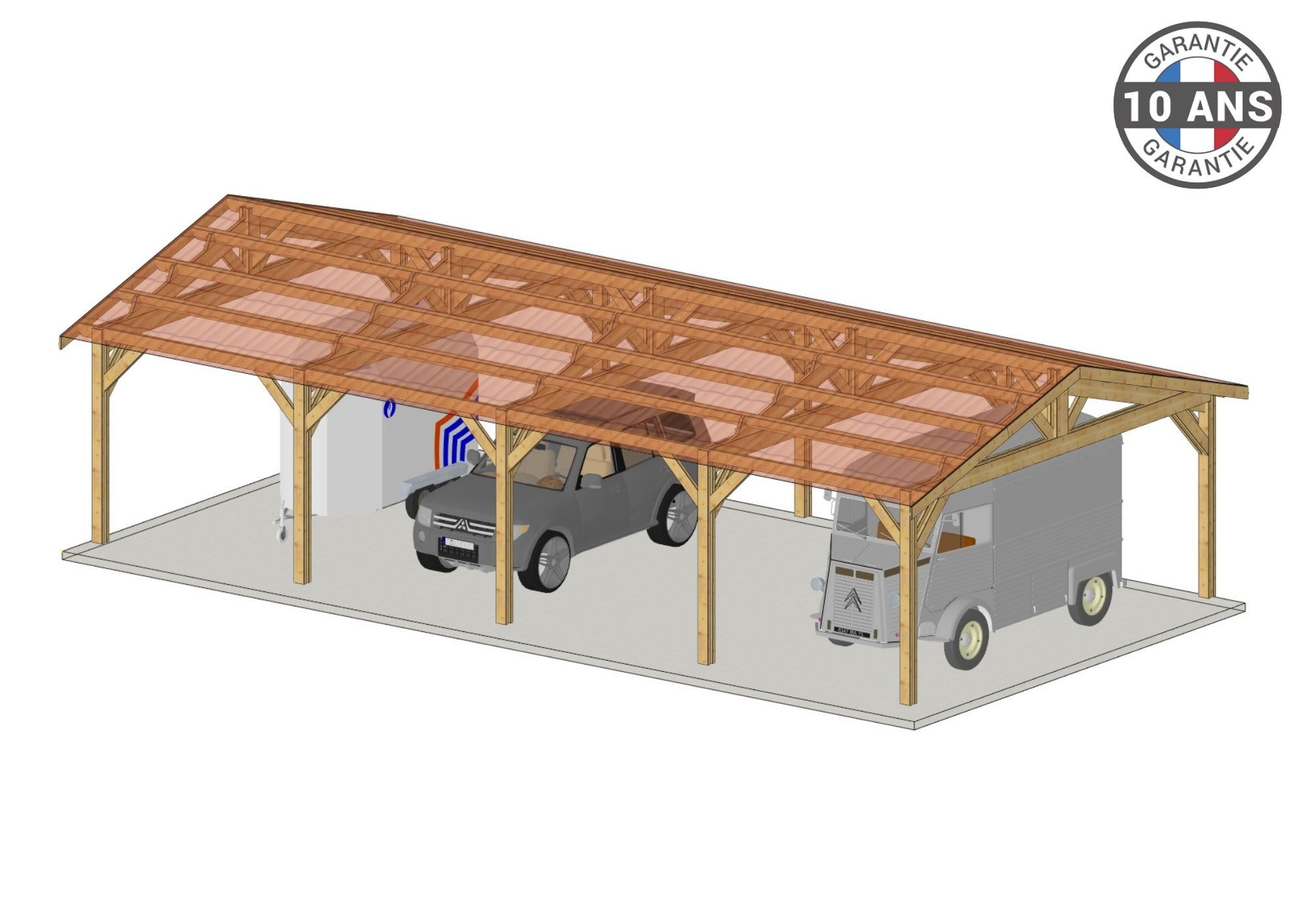 Carport Bois Douglas Français 81 m² – 2 pentes – 10 poteaux – Abri voiture extérieur – Garantie 10 ans
