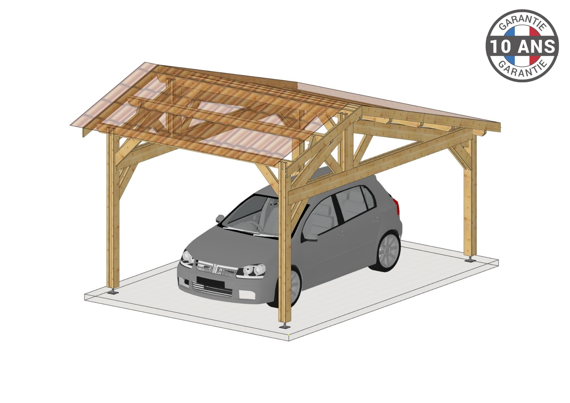 Carport Bois Douglas Français 22 m² – 2 pentes faitage décalé – 4 poteaux – Abri voiture extérieur – Garantie 10 ans
