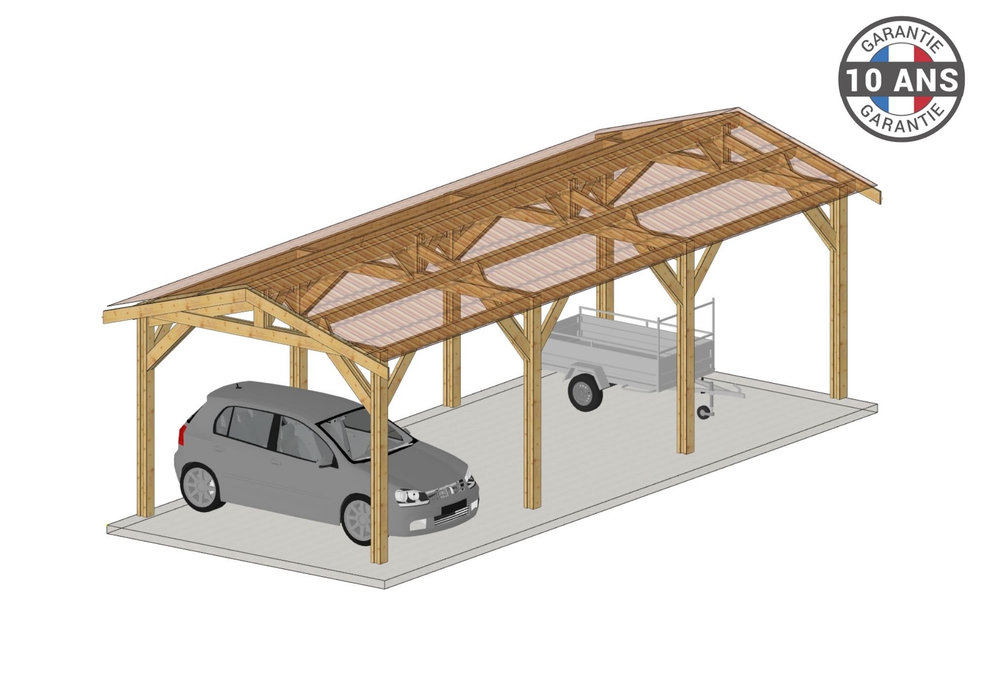 Carport Bois Douglas Français 38 m² – 2 pentes – 8 poteaux – Abri voiture extérieur – Garantie 10 ans