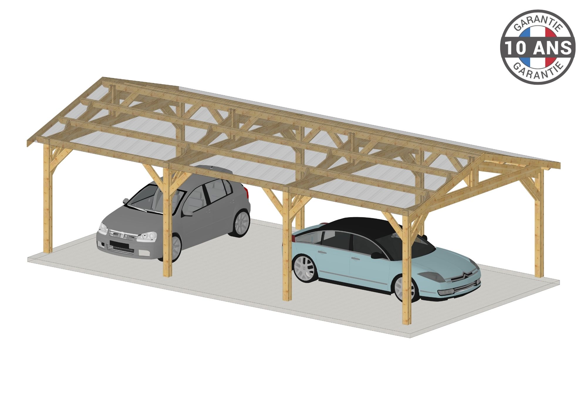 Carport Bois Douglas Français 36 m² – 2 pentes – 8 poteaux – Abri voiture extérieur – Garantie 10 ans