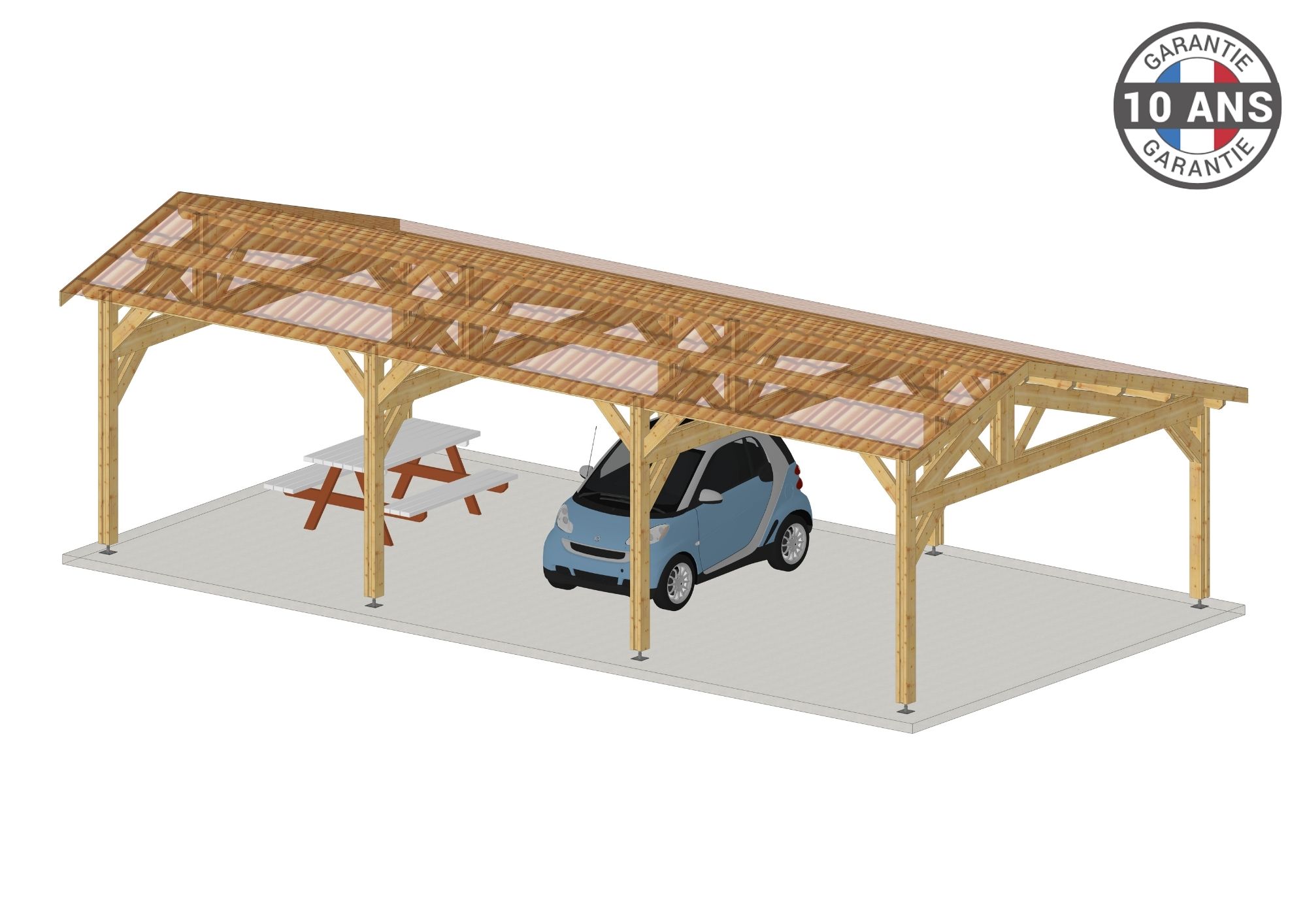 Carport Bois Douglas Français 48 m² – 2 pentes faitage décalé – 8 poteaux – Abri voiture extérieur – Garantie 10 an